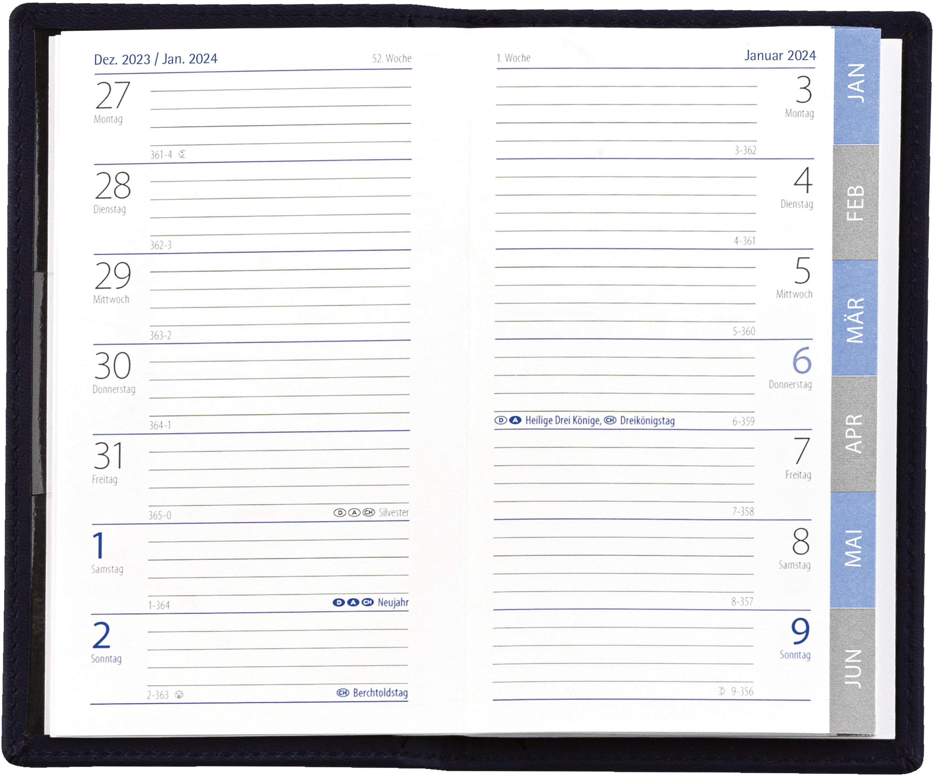 Taschenkalender 1W.=1S. PVC schwarz mit Monatsregister 2024 58546