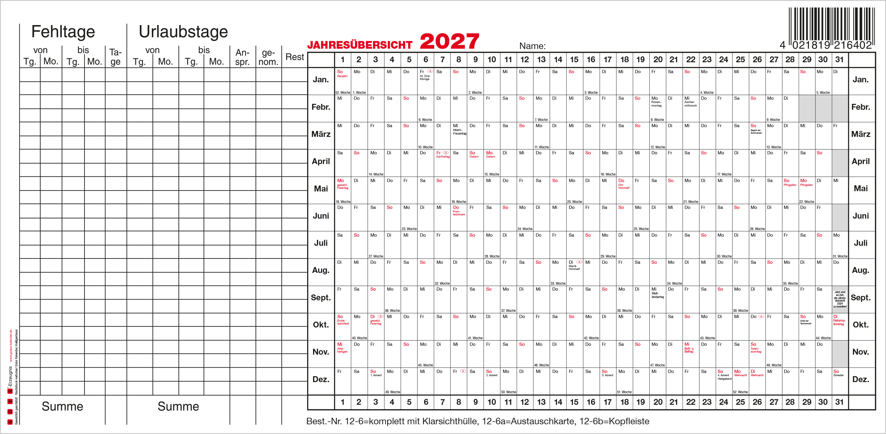 GÜSS Austauschkarte f. Urlaubs- und Fehltagedatei Klarsichthülle