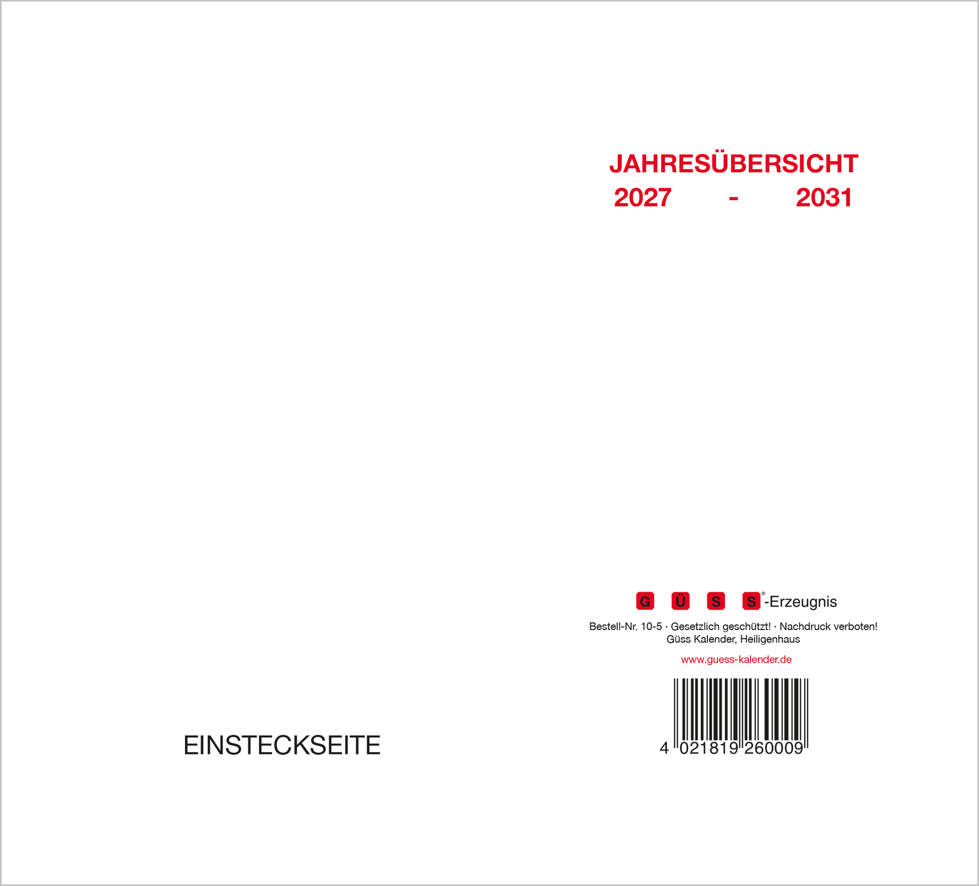 GÜSS Langzeitjahresübersicht für 5 Jahre - gefalzt auf Taschenbuchformat 9cm x 14cm