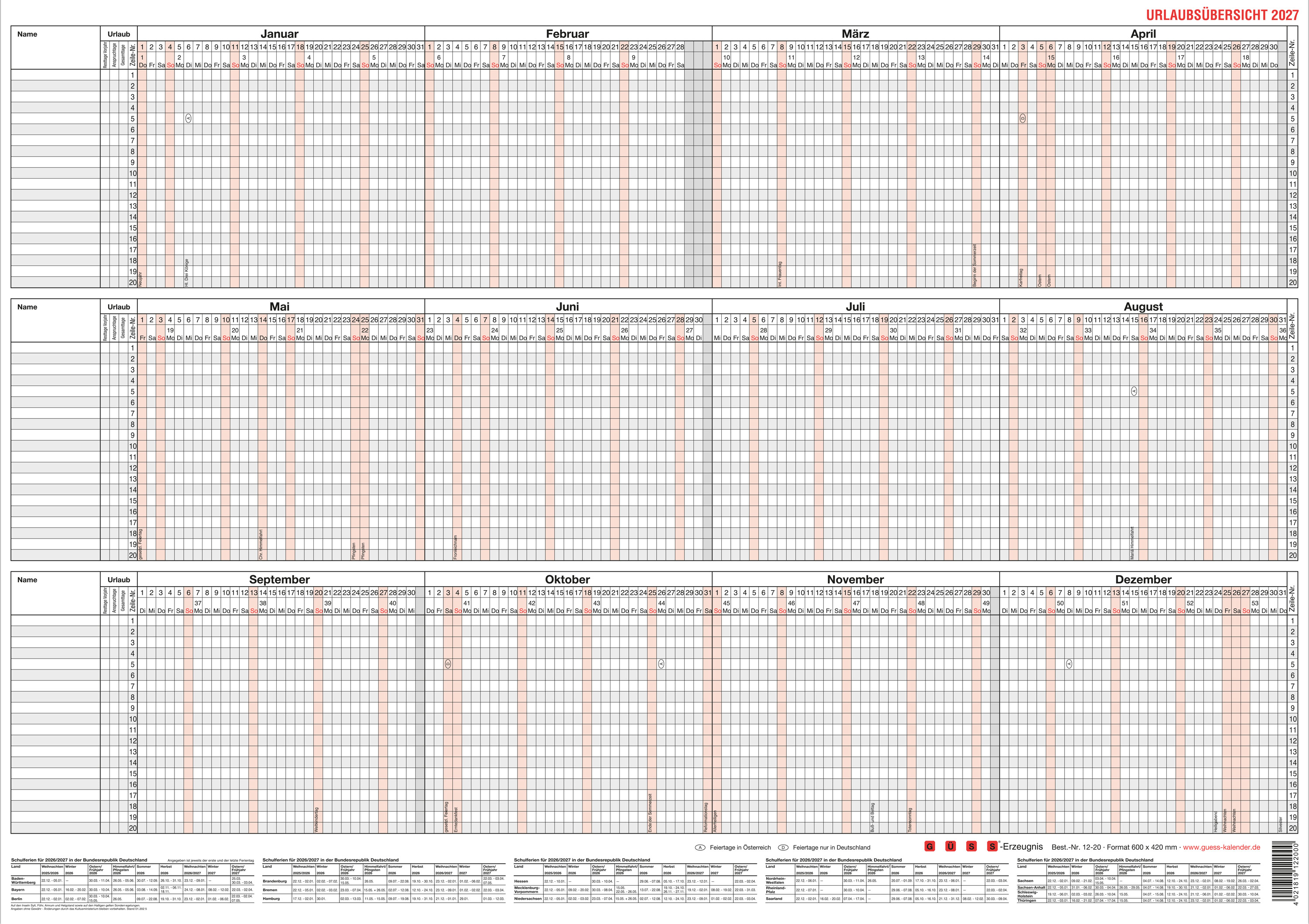 GÜSS Urlaubsübersicht für 20 Mitarbeiter - DIN A2 - 170g/m²
