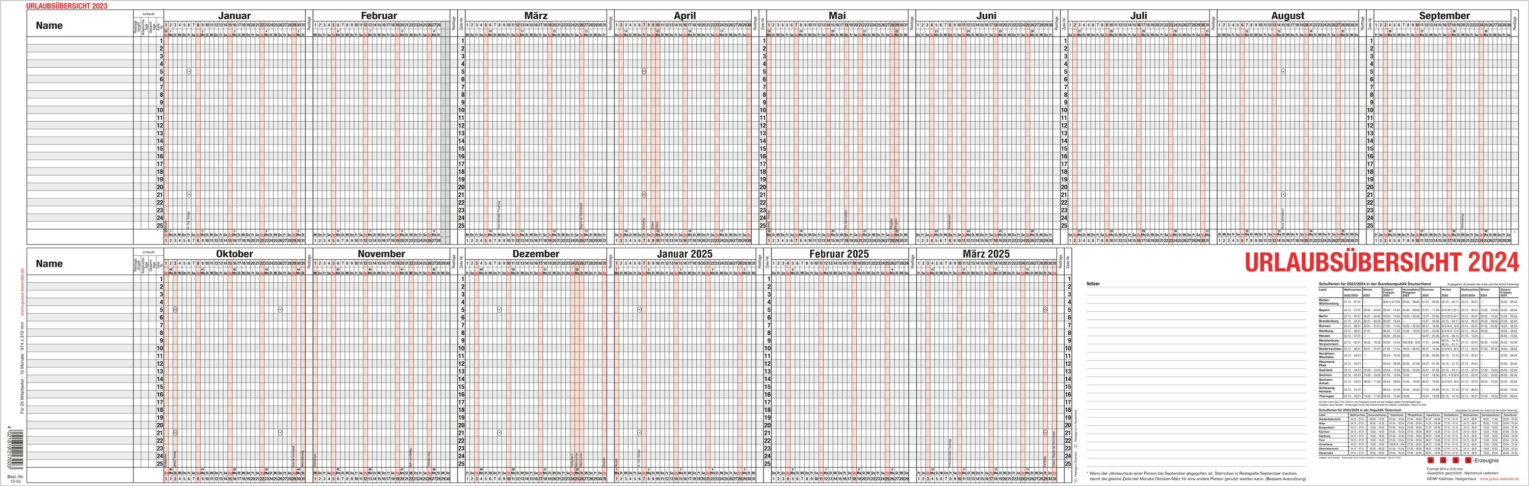 GÜSS Urlaubsübersicht für 25 Mitarbeiter gefalzt
