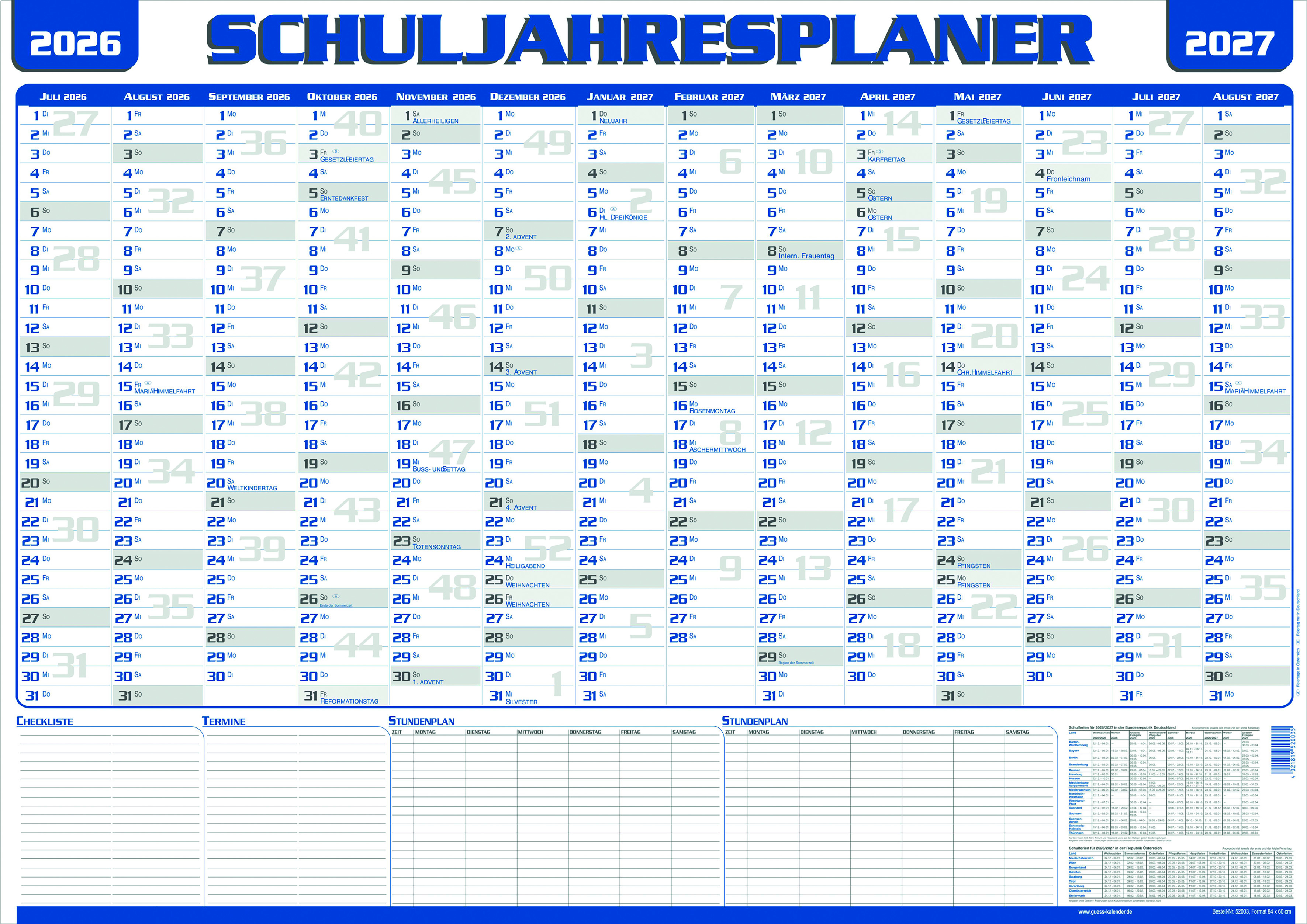 GÜSS Schuljahresplaner 14 Monate - Juli bis August - DIN A1