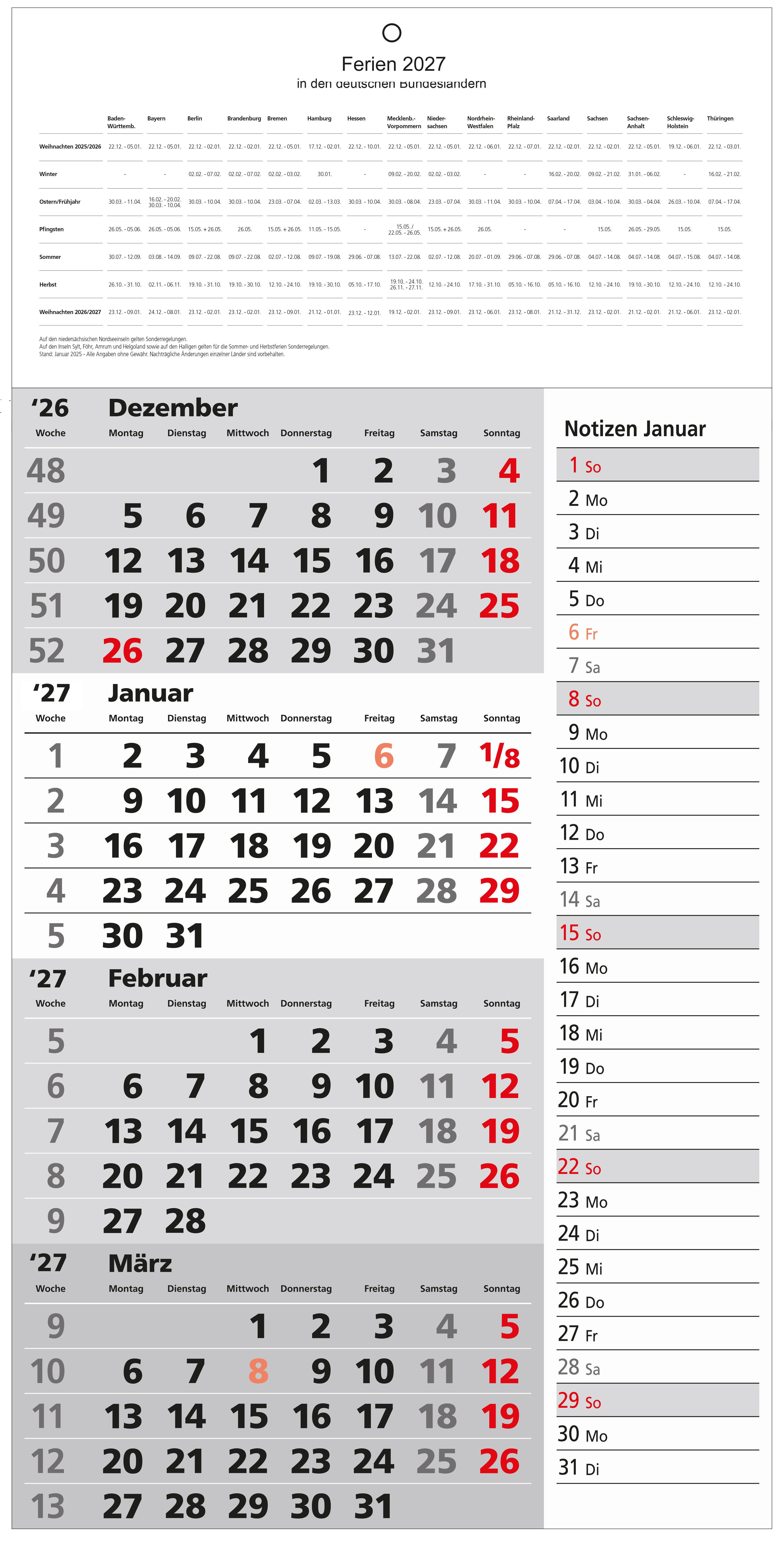 GÜSS 4-Monatswandkalender mit Notizspalte - 30cm x 60cm