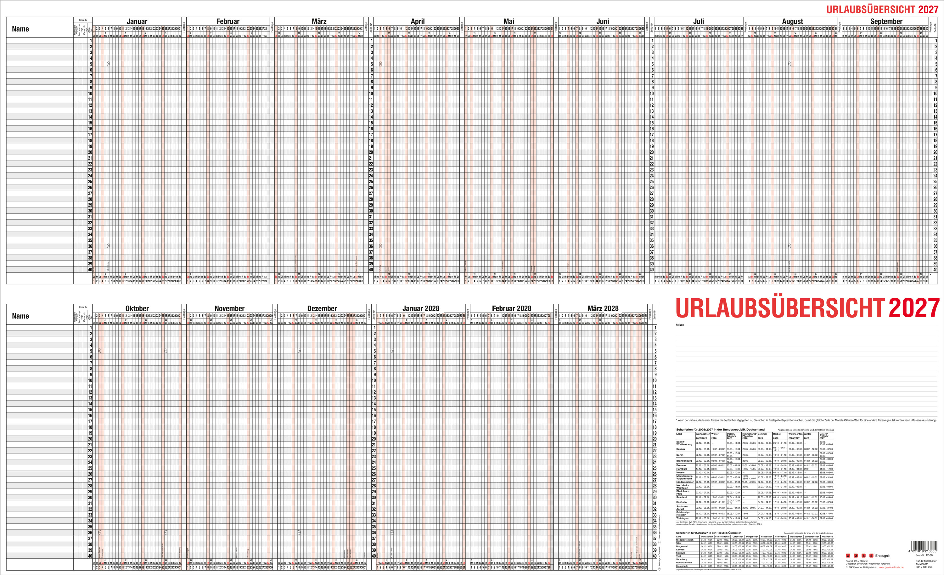 GÜSS Urlaubsübersicht für 40 Mitarbeiter - 98,5cm x 60cm - 170g/m² PK