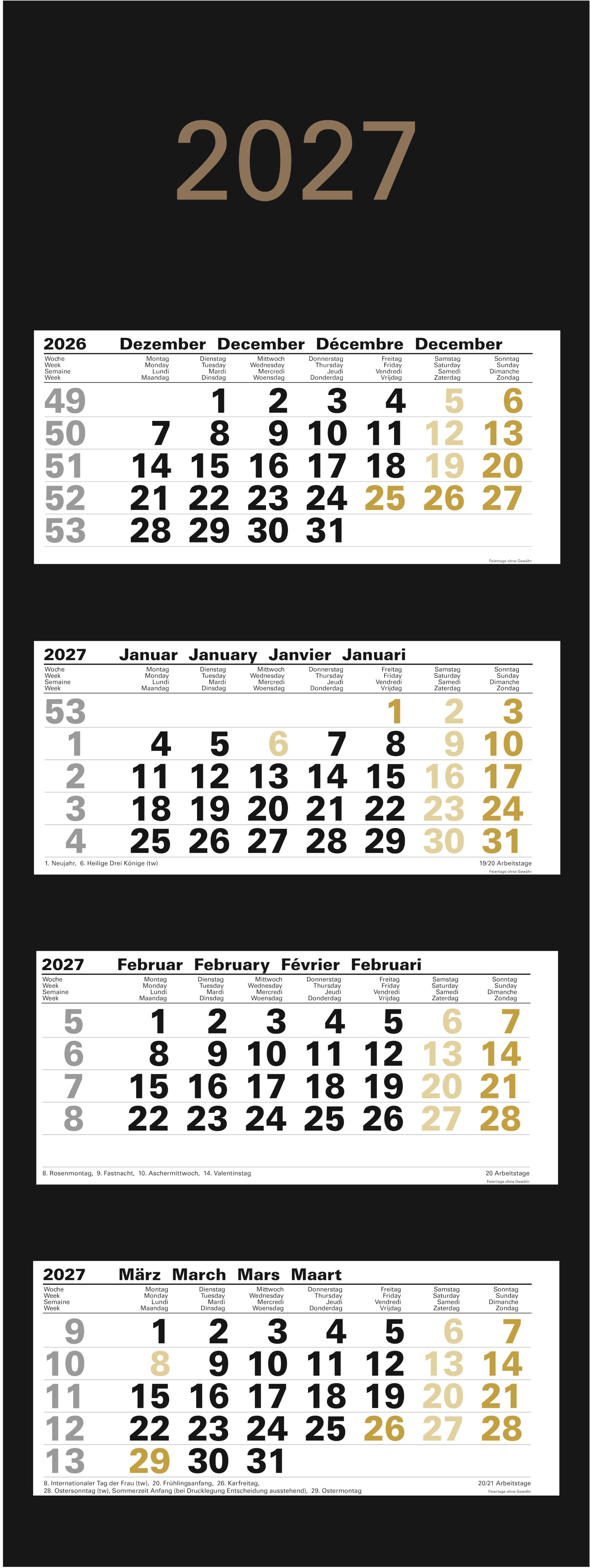 GÜSS Black Edition 4-Monatsblockkalender - schwarz/bronze Kopie