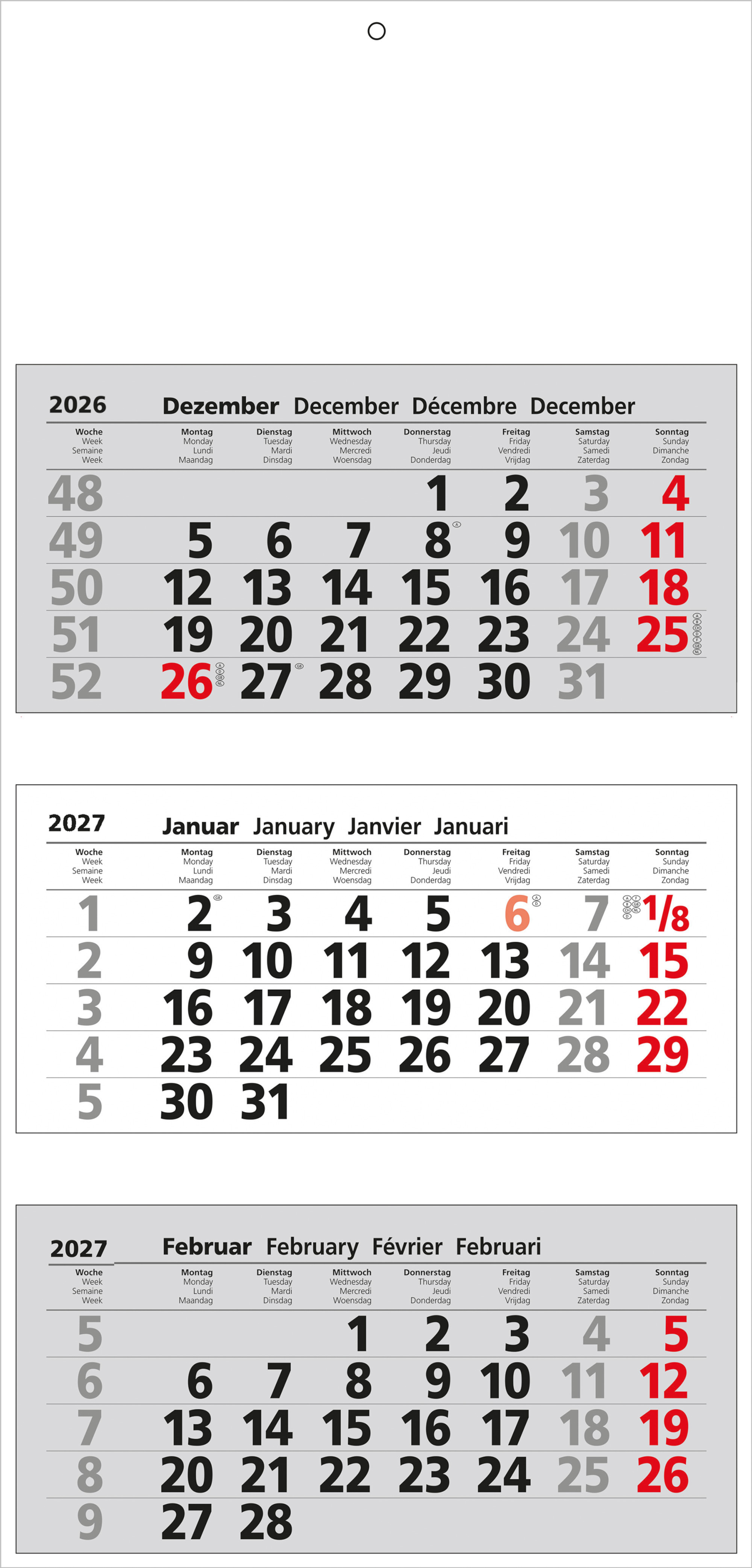 GÜSS 3-Monatsblockkalender - 3 einzelne Monatsblöcke - 33cm x 70cm