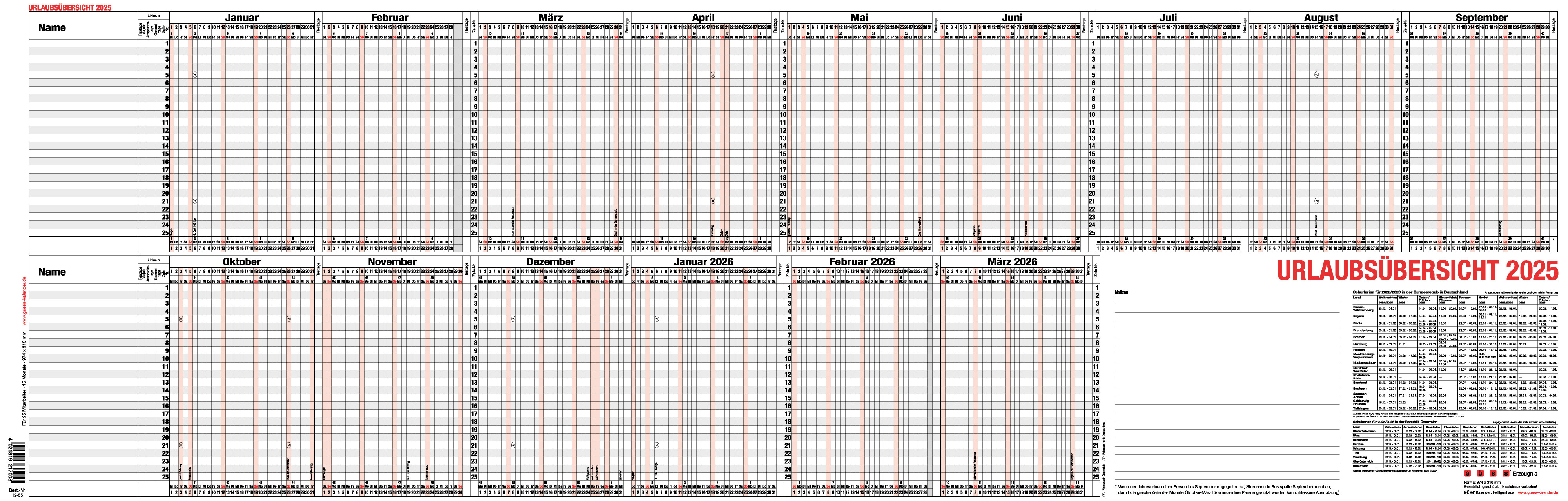 GÜSS Urlaubsübersicht für 25 Mitarbeiter gefalzt