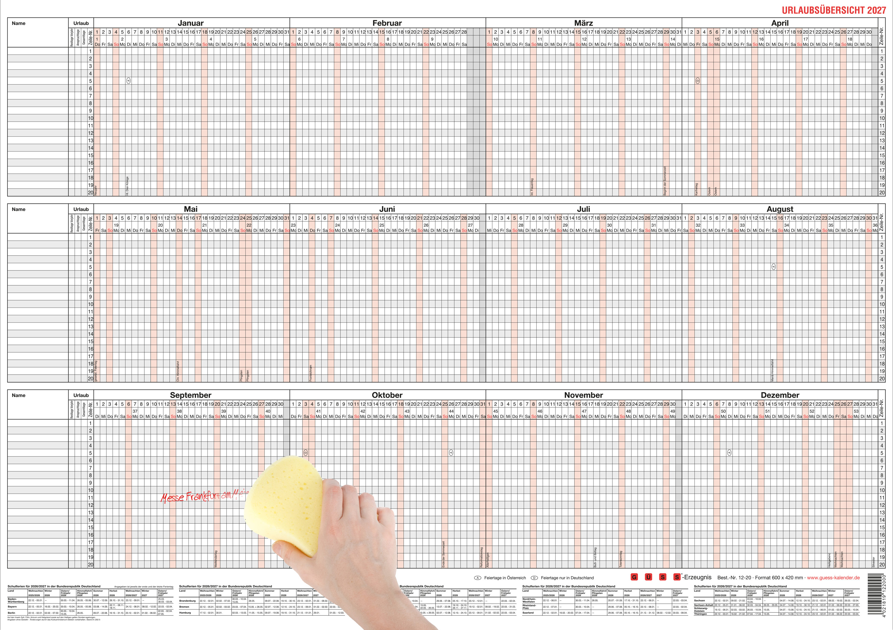 GÜSS Urlaubsübersicht für 20 Mitarbeiter mit Beschichtung -DIN A2