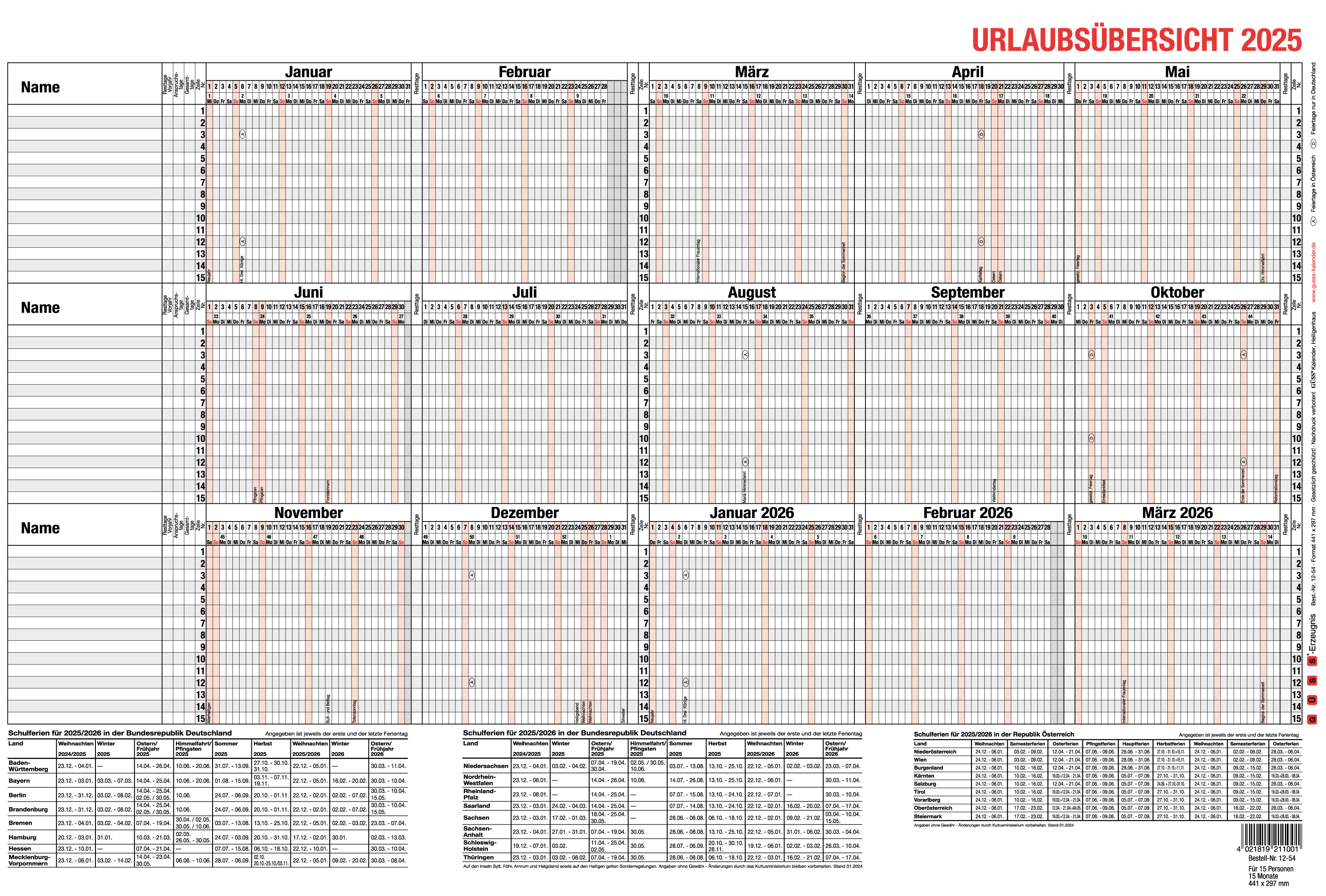 GÜSS Urlaubsübersicht für 15 Mitarbeiter mit Beschichtung