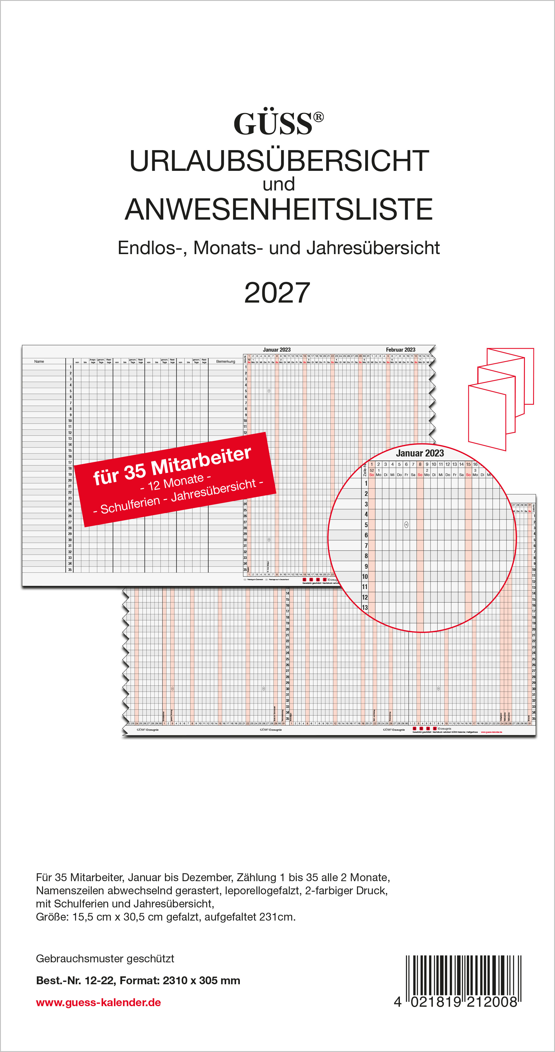 GÜSS Urlaubs- und Anwesenheitsliste für 35 Mitarbeiter - gefalzt auf 16cm x 30cm