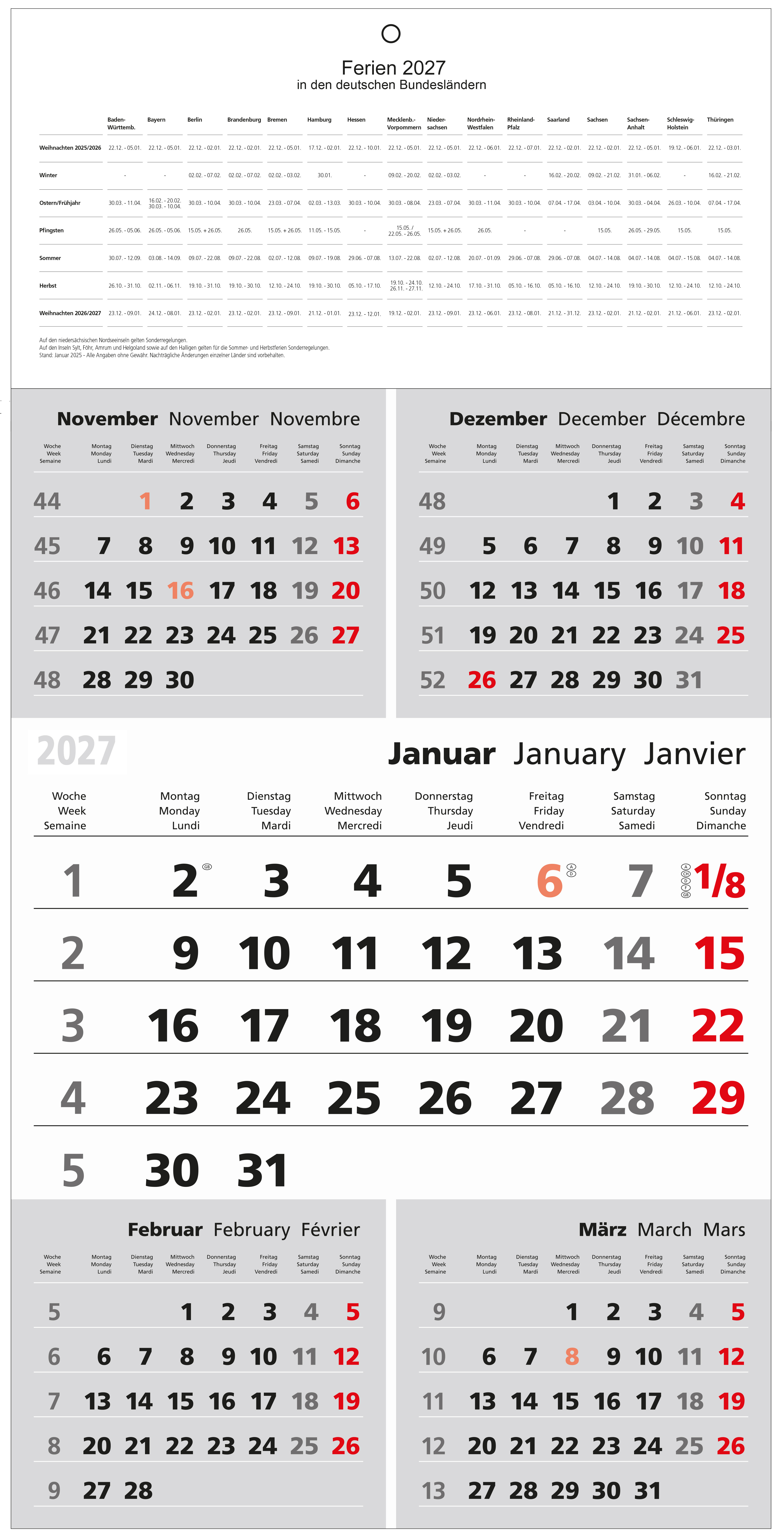 GÜSS 5-Monatswandkalender - 30cm x 60cm