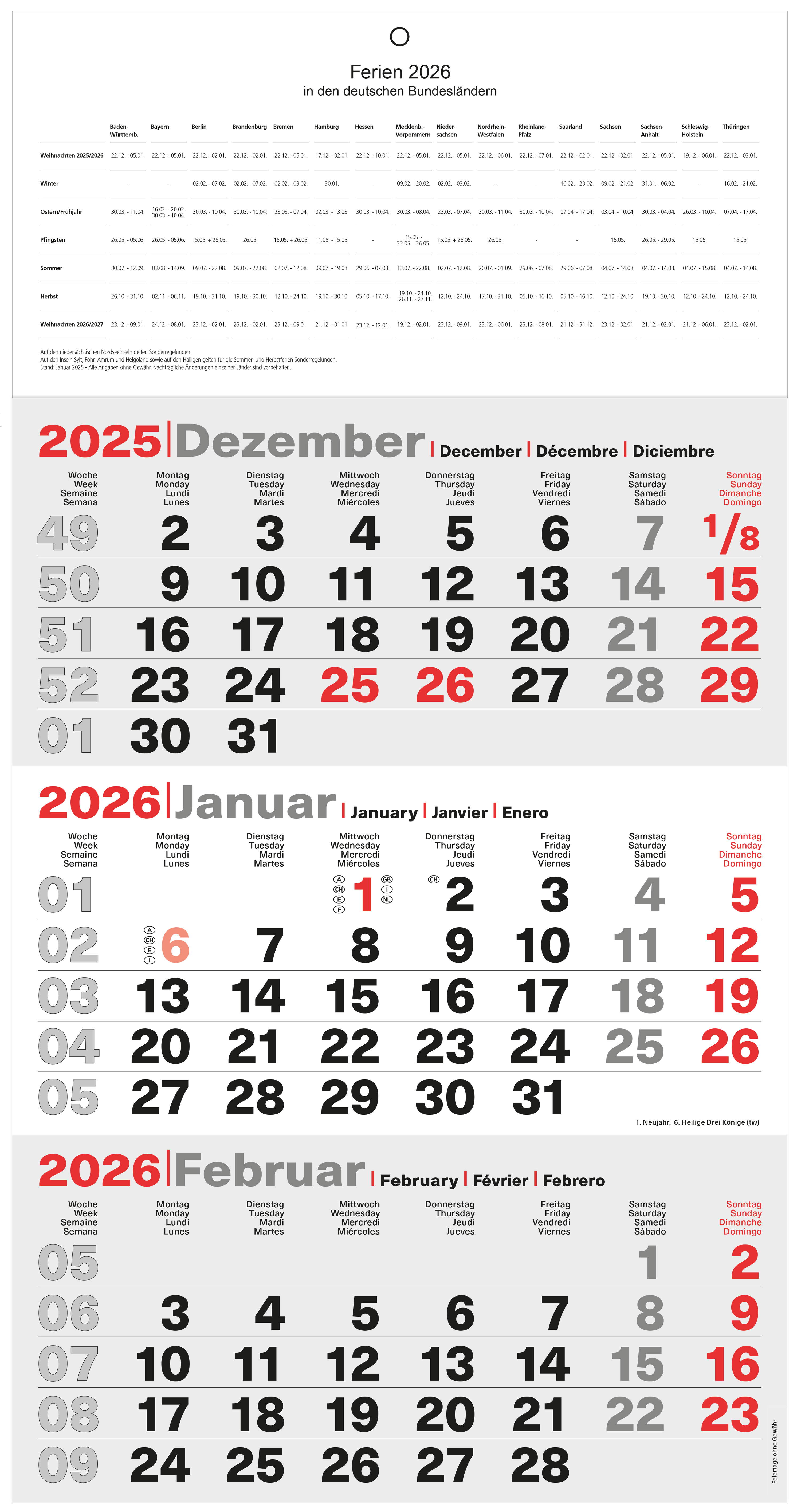 GÜSS 3-Monatswandkalender Mini - 23,5cm x 48,5cm