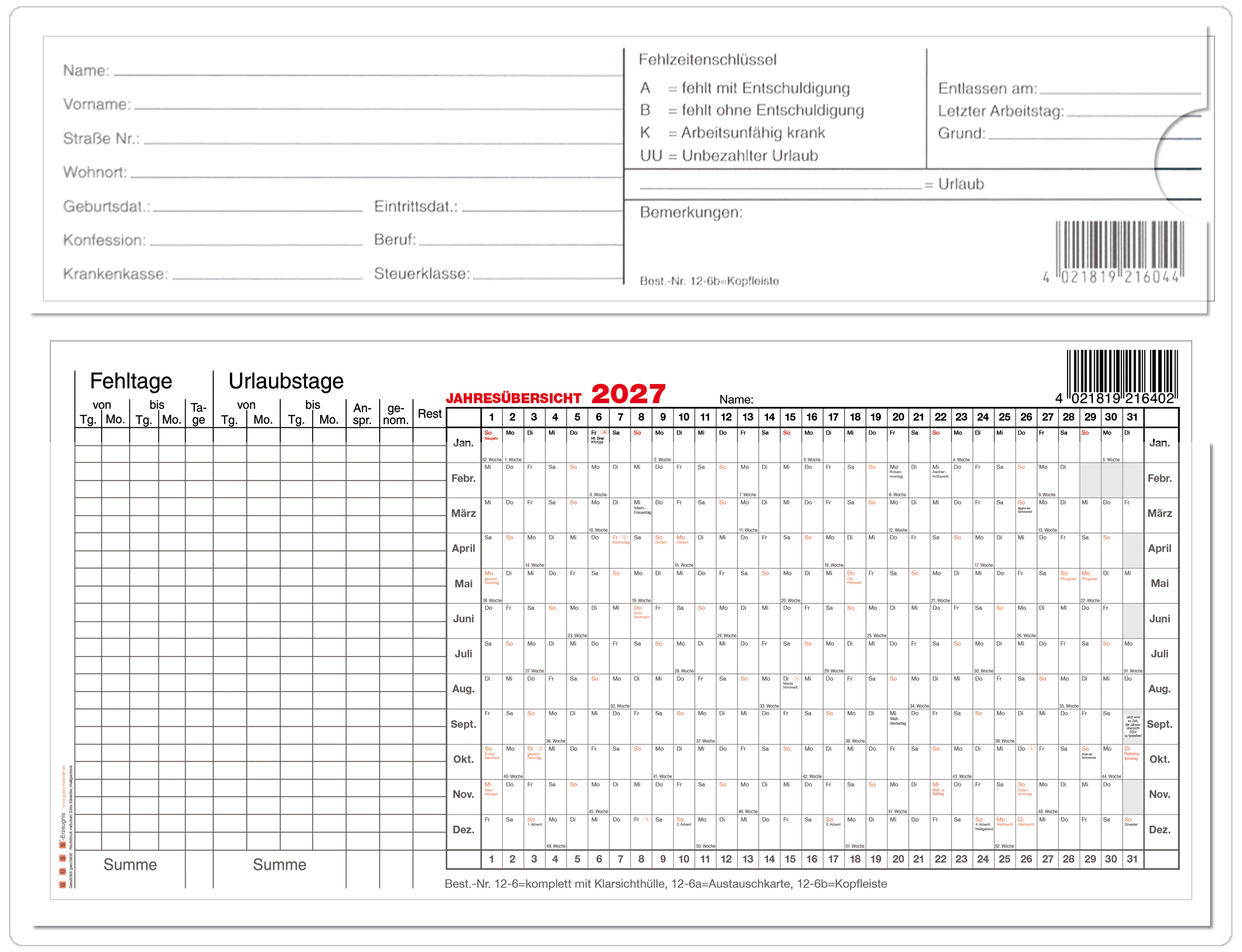 GÜSS Urlaubs- und Fehltagedatei Klarsichthülle DIN A5