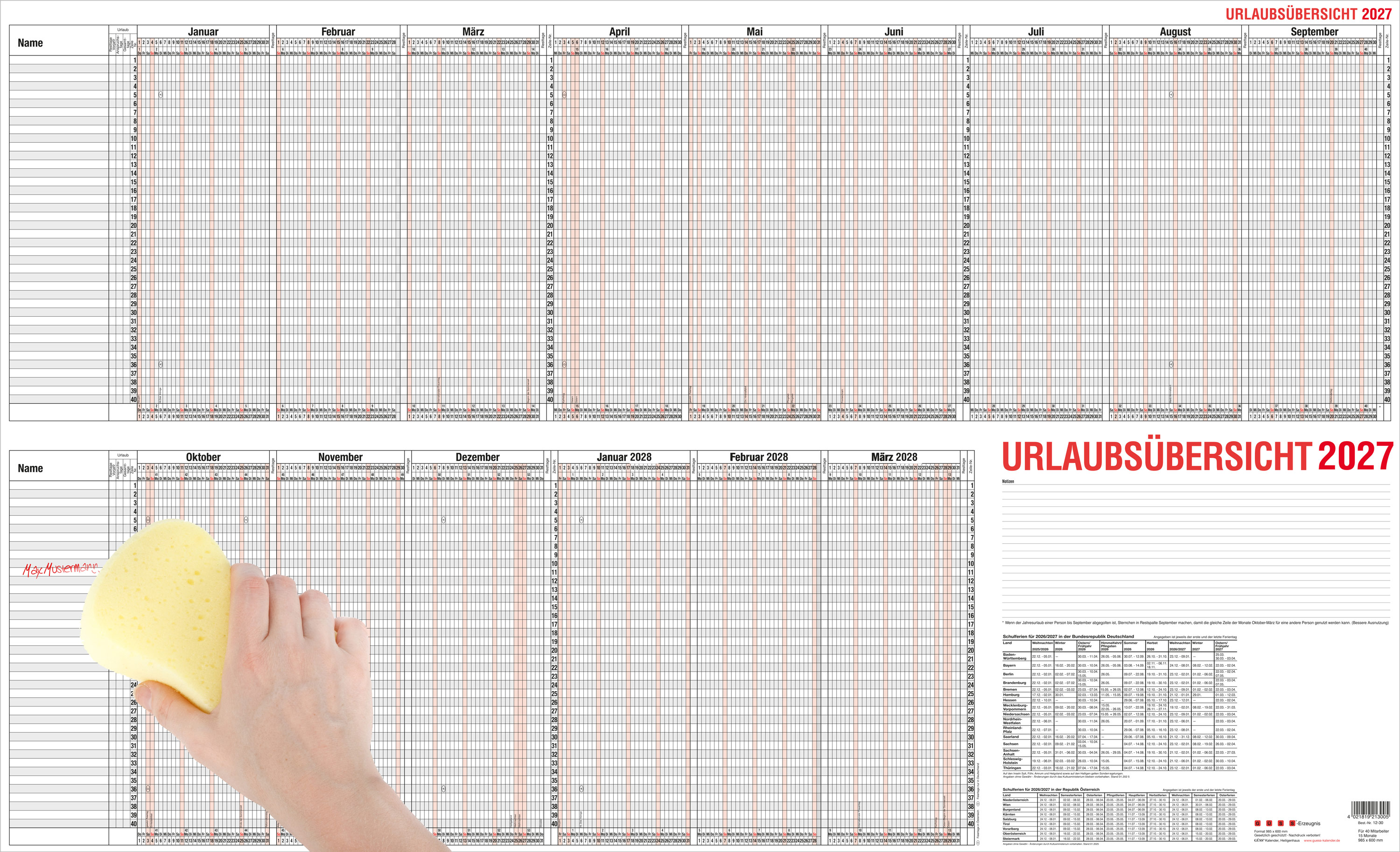 GÜSS Urlaubsübersicht für 40 Mitarbeiter mit Beschichtung - 98,5cm x 60cm