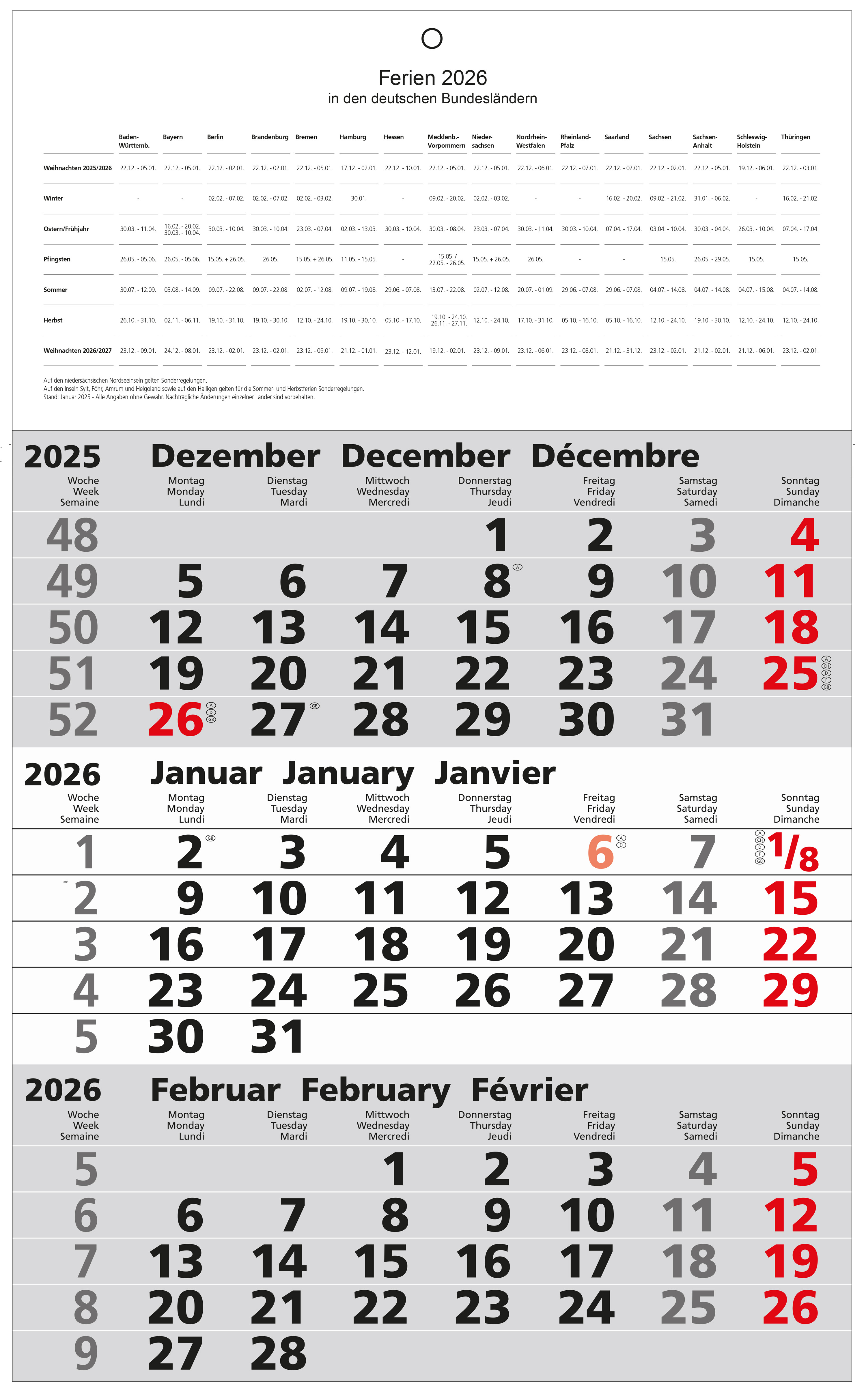 GÜSS 3-Monatswandkalender - 12 Monatsblätter - 30cm x 49cm