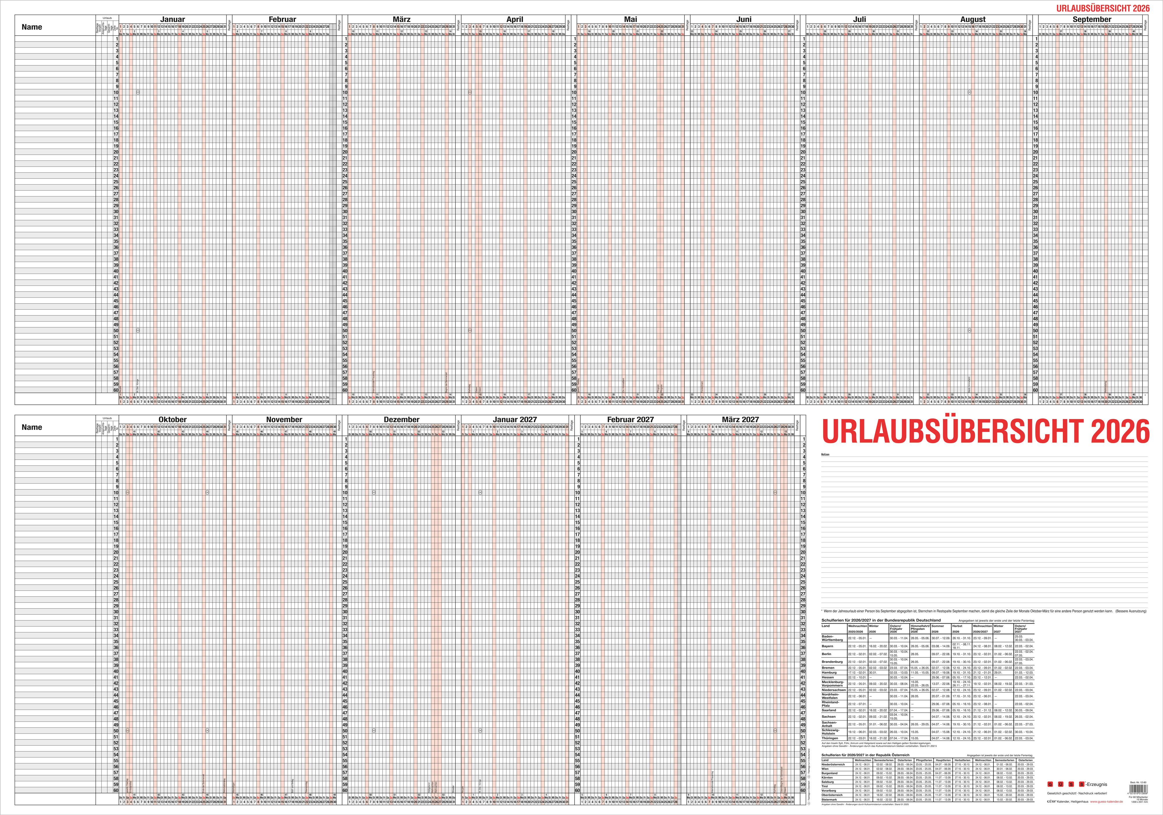 GÜSS Urlaubsübersicht für 60 Mitarbeiter - 120cm x 80cm -170g/m² PK