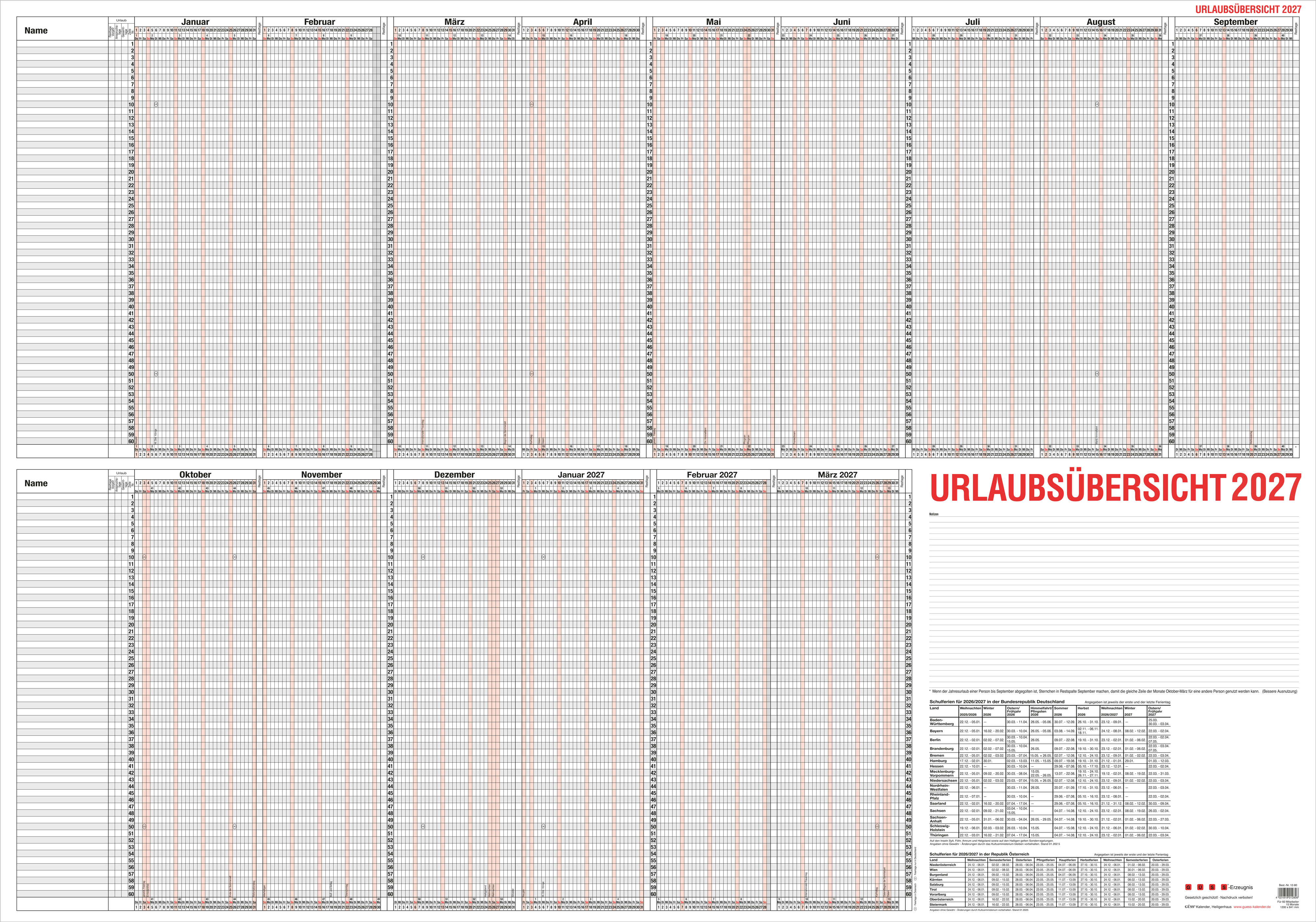 GÜSS Urlaubsübersicht für 60 Mitarbeiter - 120cm x 80cm -170g/m² PK