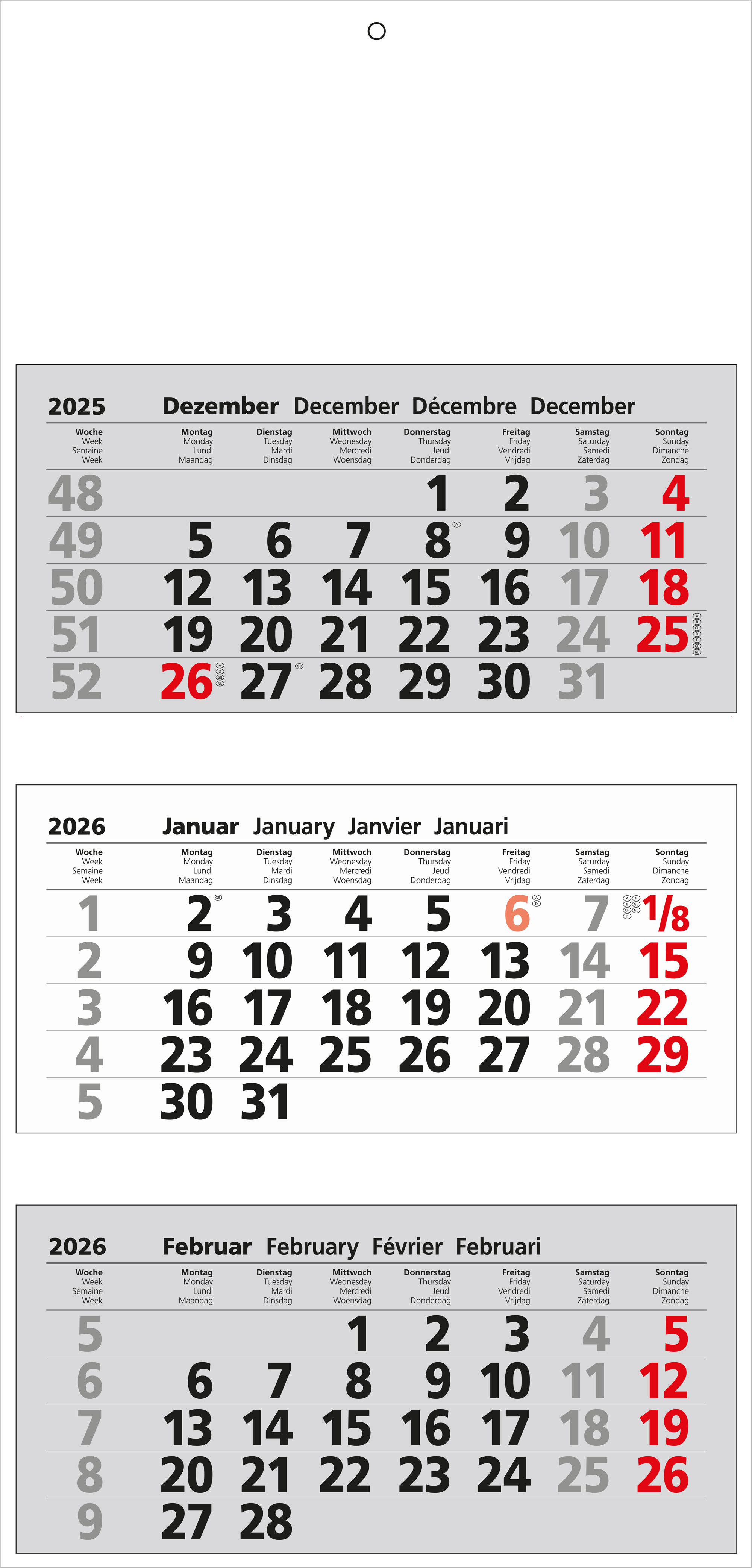 GÜSS 3-Monatsblockkalender - 3 einzelne Monatsblöcke - 33cm x 70cm