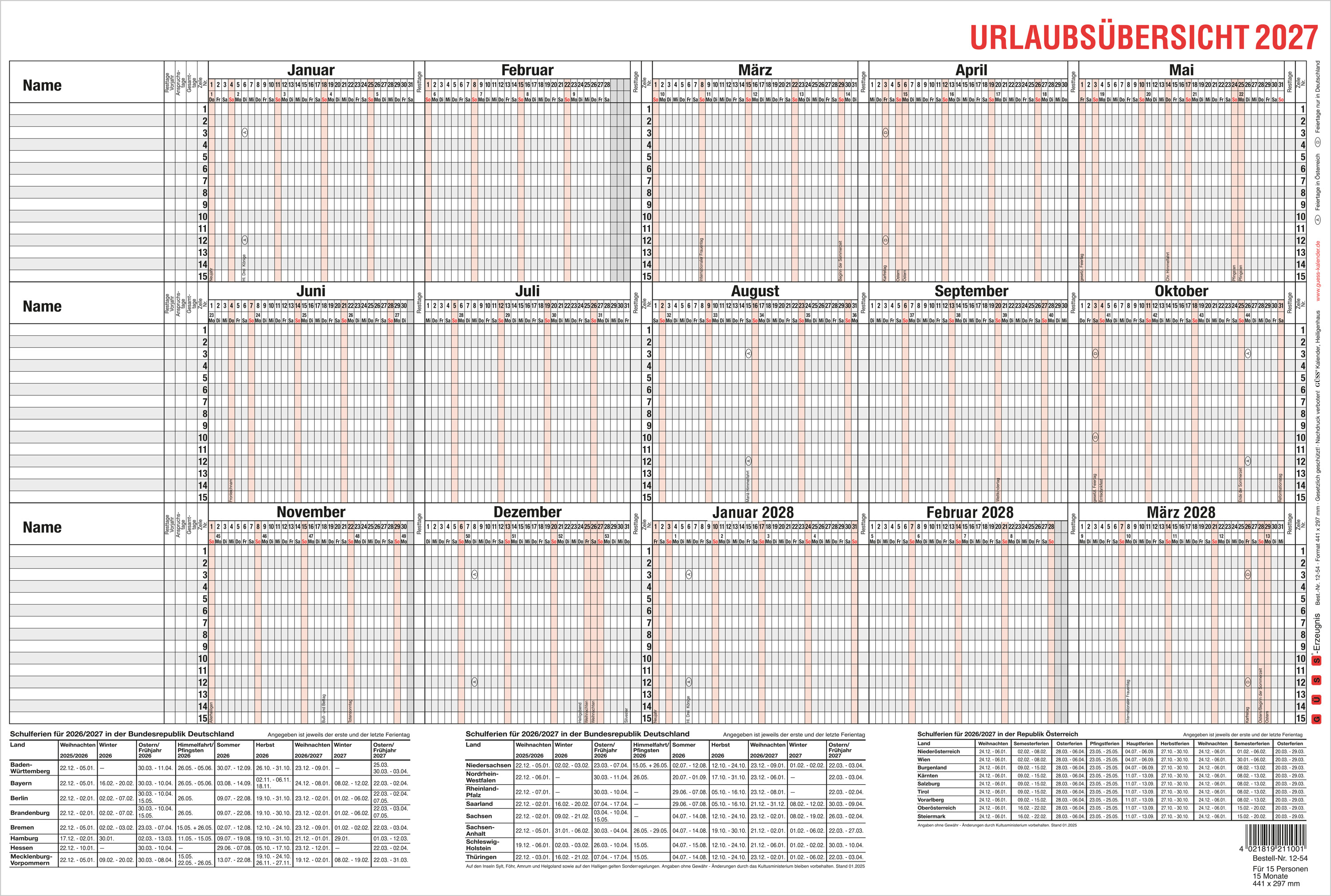 GÜSS Urlaubsübersicht für 15 Mitarbeiter - 44cm x 30cm - 170g/m² PK