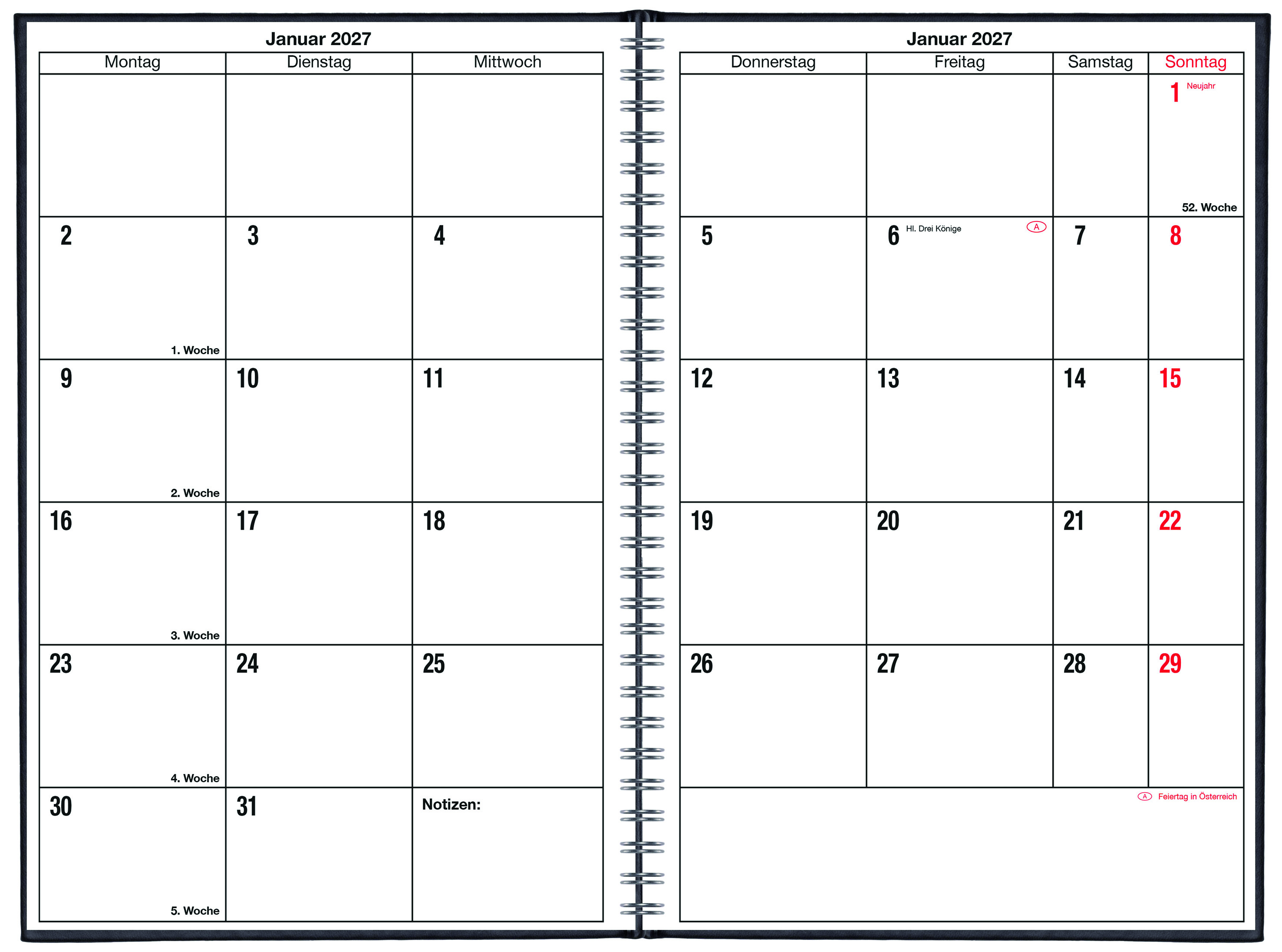 GÜSS Monatsübersicht DIN A5 Tucson Schwarz , Wire-O Silber