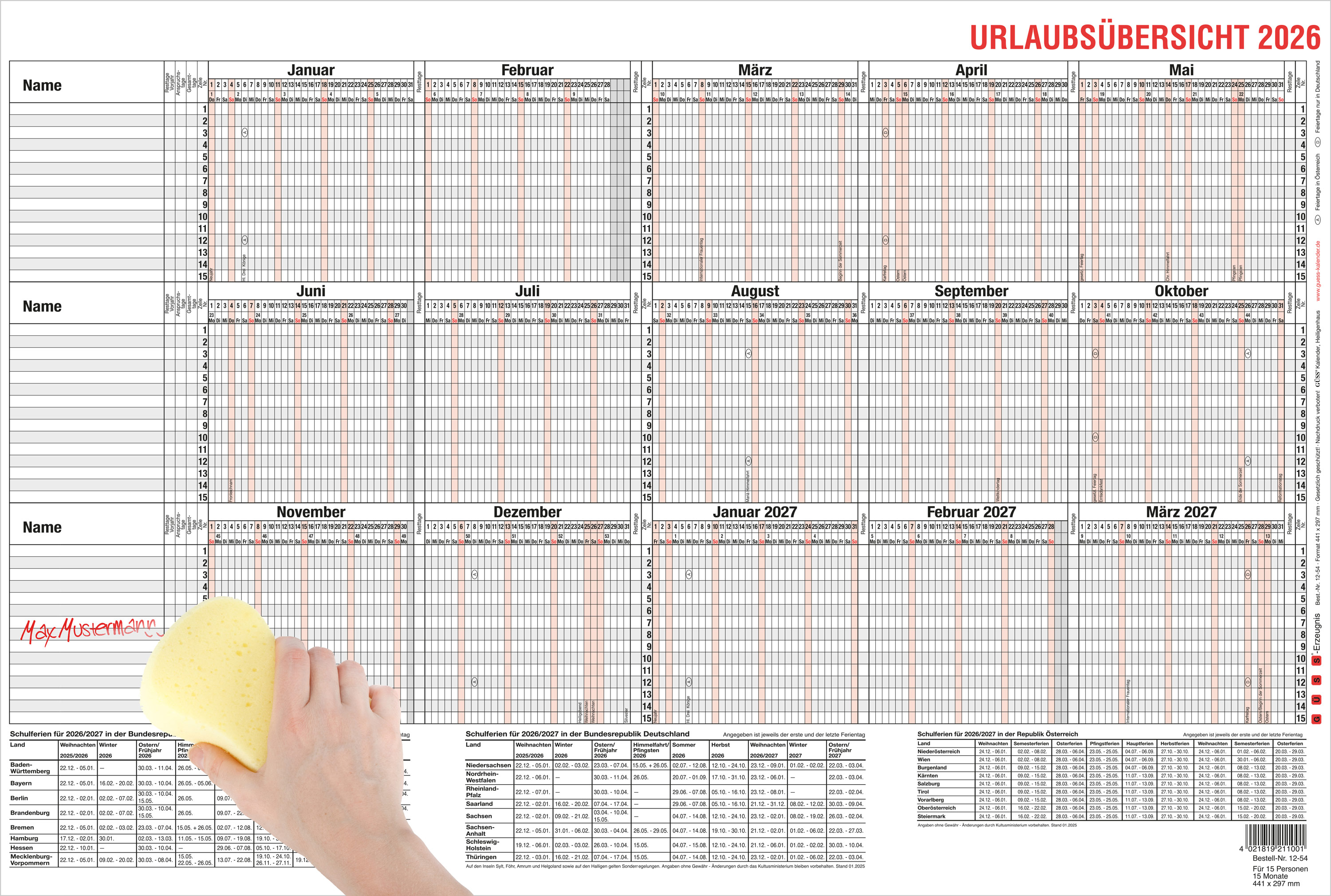 GÜSS Urlaubsübersicht für 15 Mitarbeiter mit Beschichtung - 44cm x 30cm