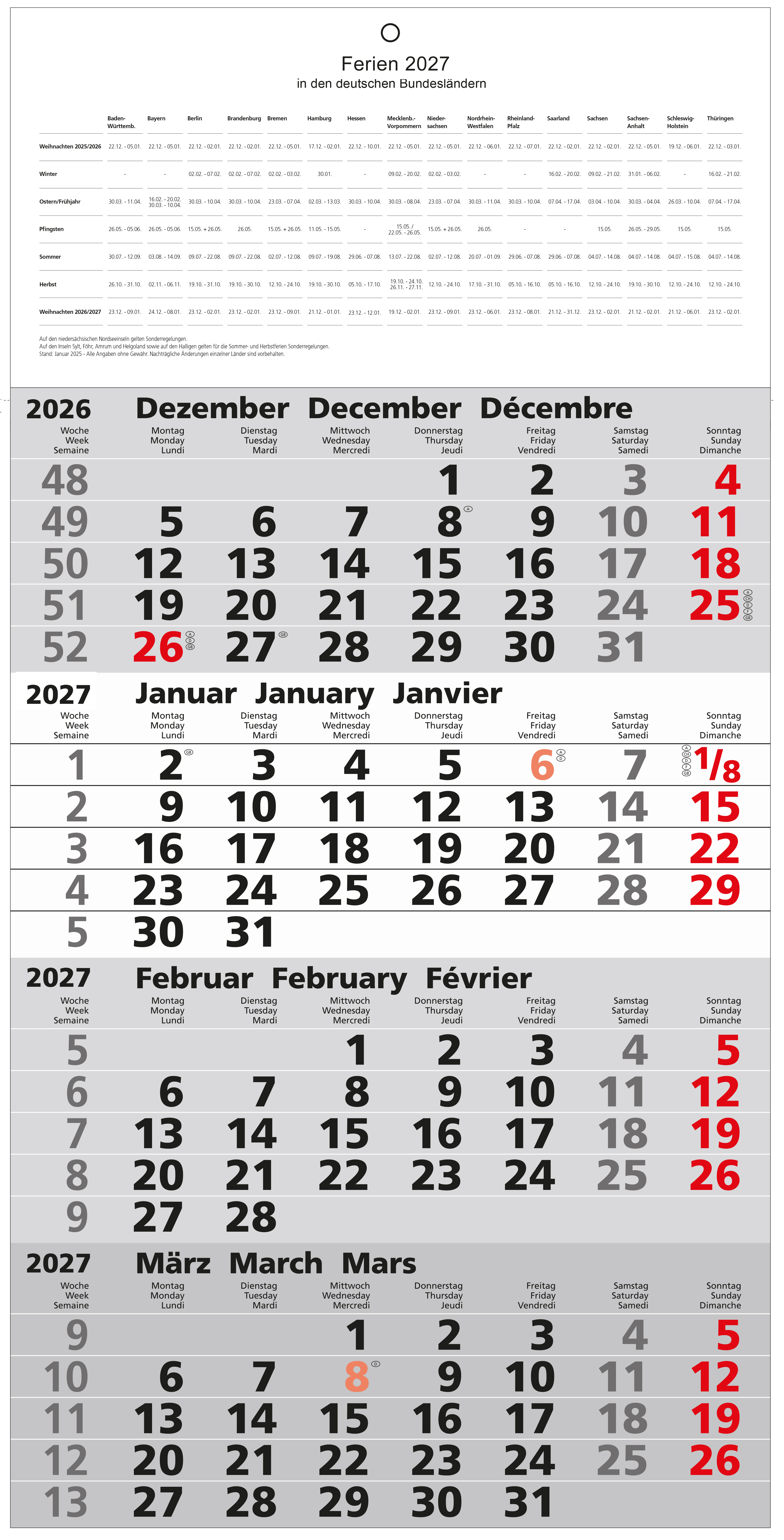 GÜSS 4-Monatswandkalender - 30cm x 60cm
