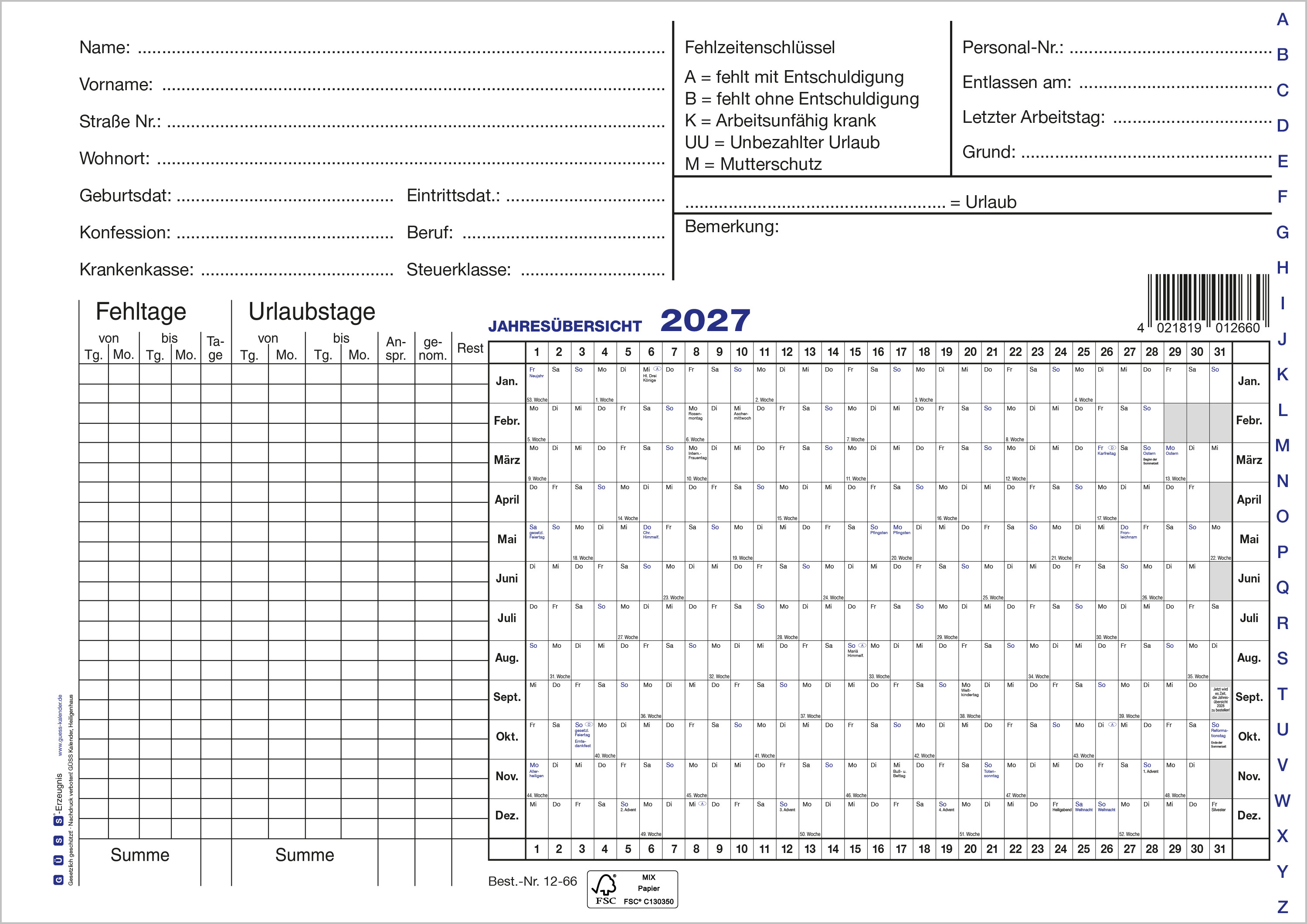 GÜSS Urlaubs- und Fehltagedatei DIN A5