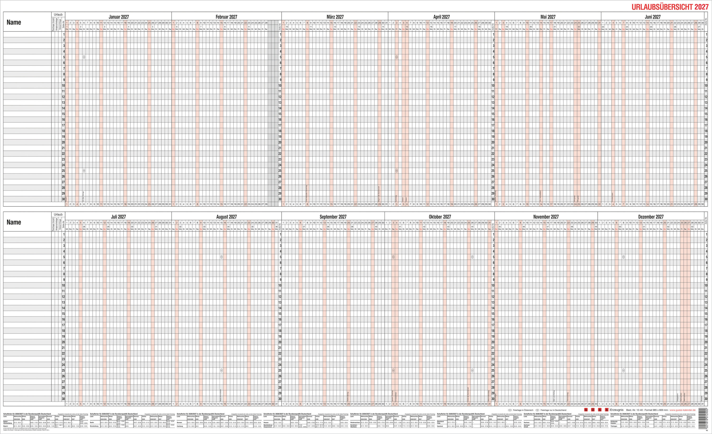 GÜSS Urlaubsübersicht für 30 Mitarbeiter - 98,5cm x 60cm - 170g/m² PK