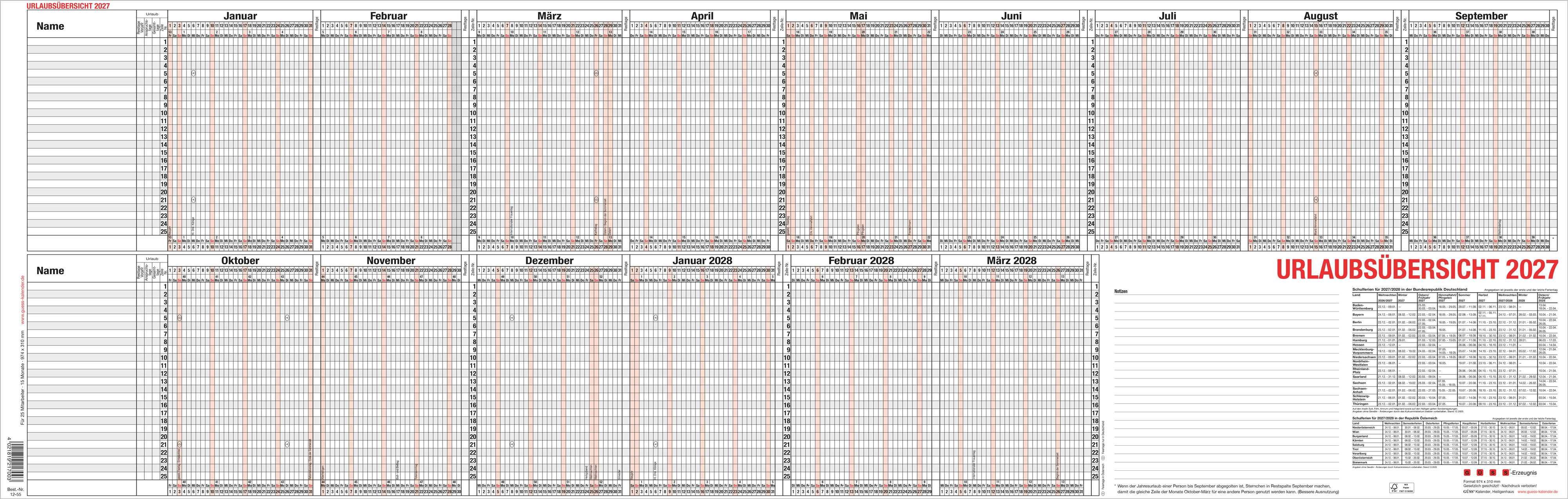 GÜSS Urlaubsübersicht für 25 Mitarbeiter - gefalzt auf ca. DIN A4