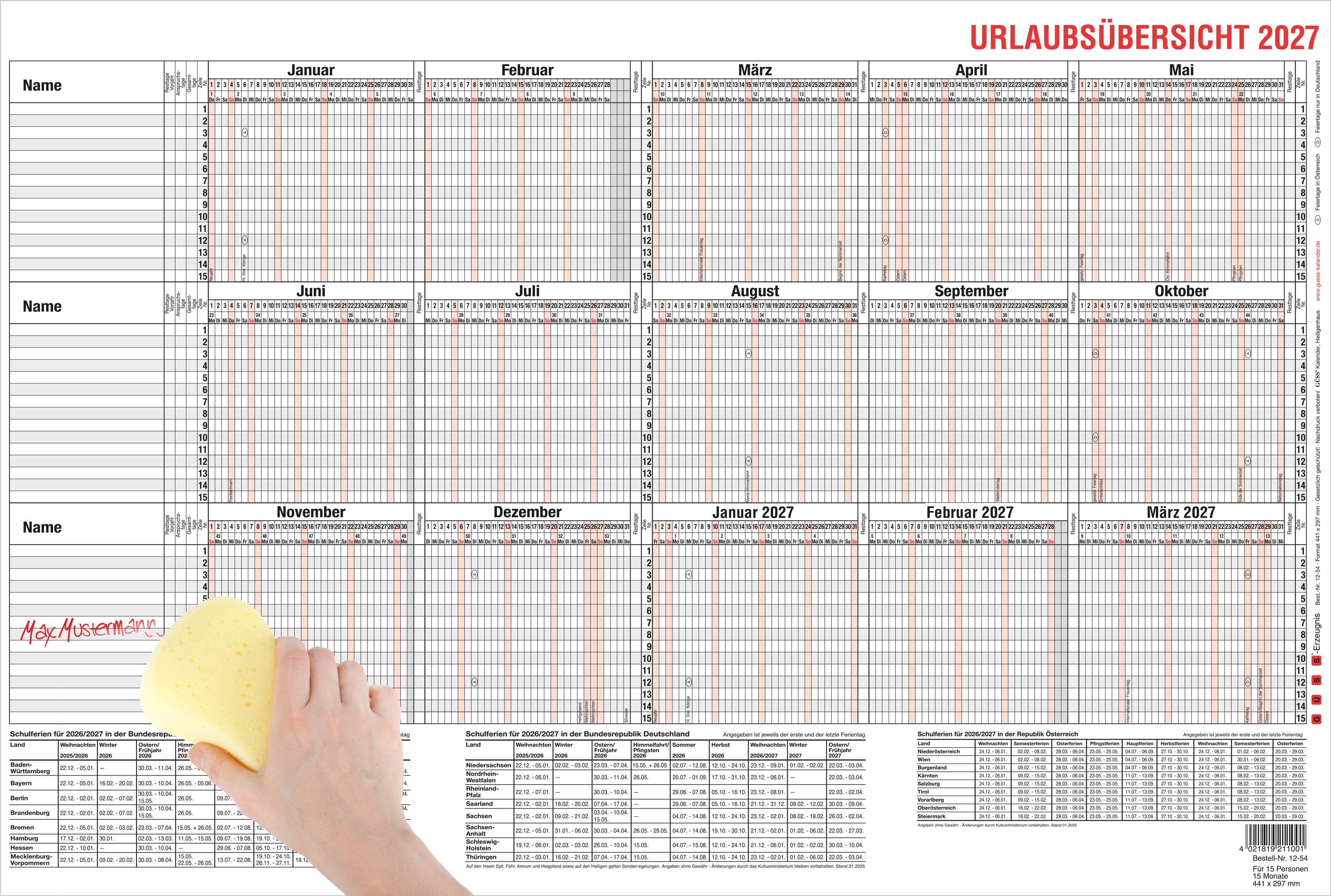 GÜSS Urlaubsübersicht für 15 Mitarbeiter mit Beschichtung - 44cm x 30cm