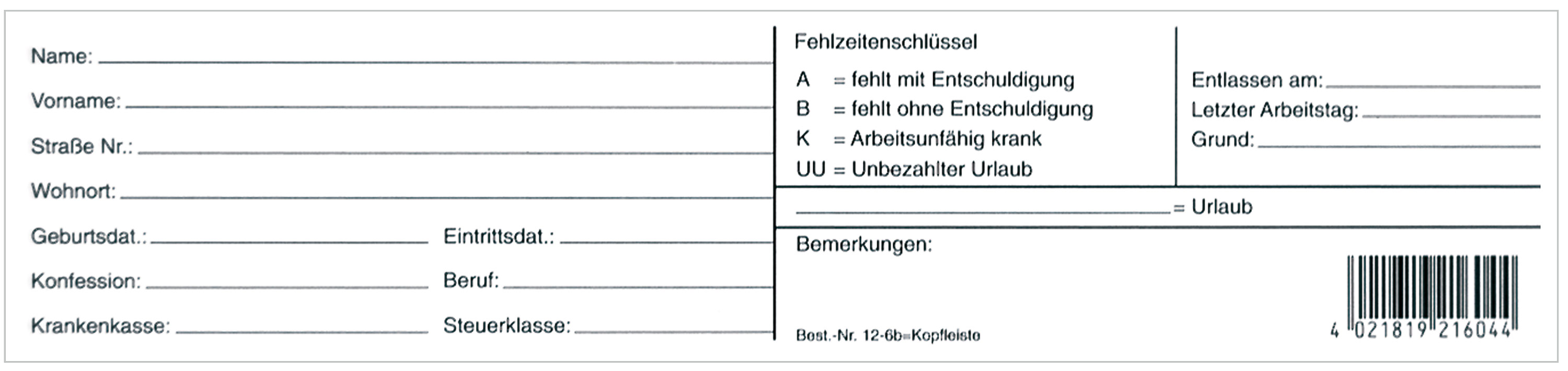 Austausch-Kopfleiste f. Urlaubs- und Fehltagedatei Klarsichthülle