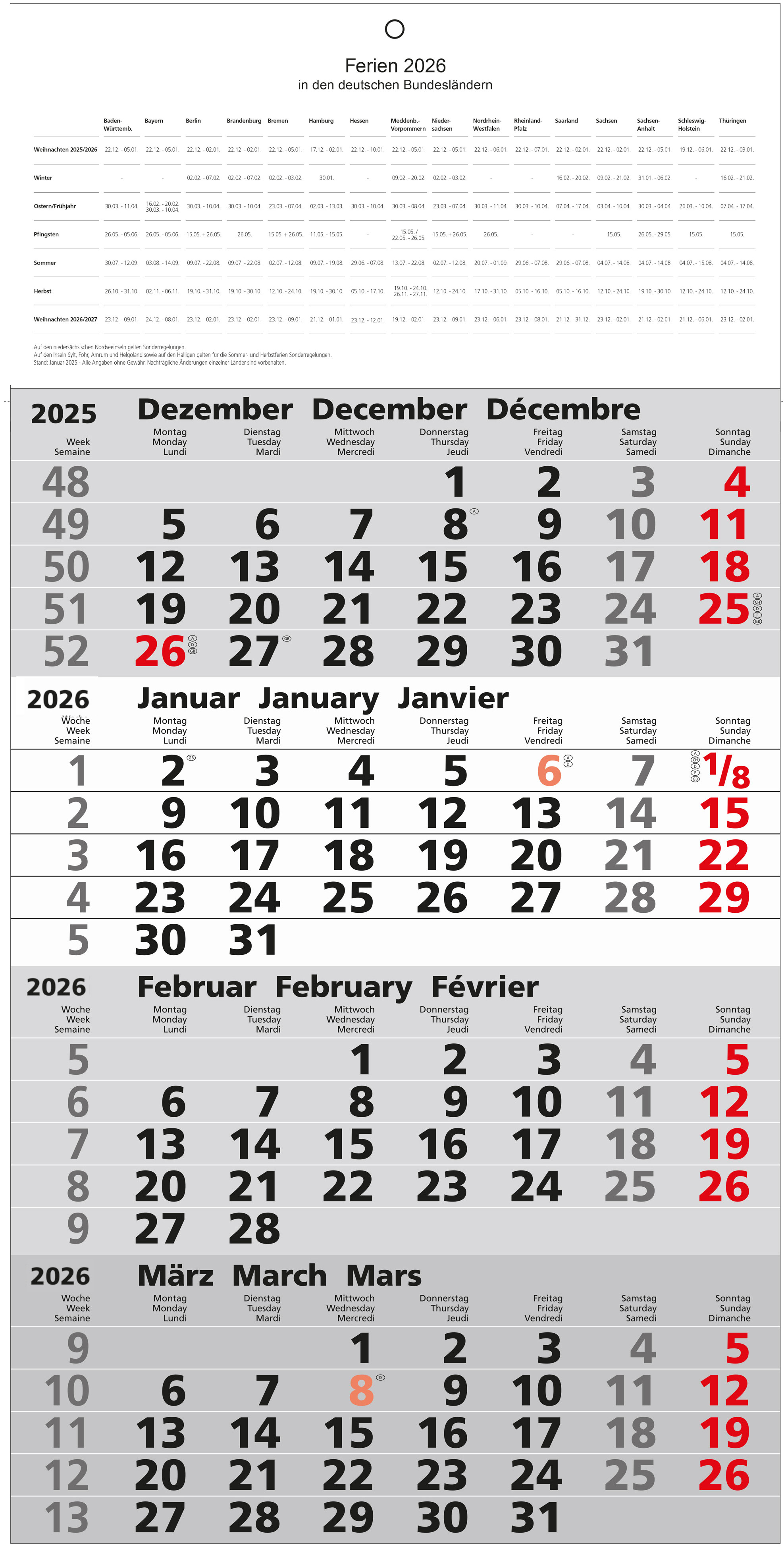 GÜSS 4-Monatswandkalender - 30cm x 60cm