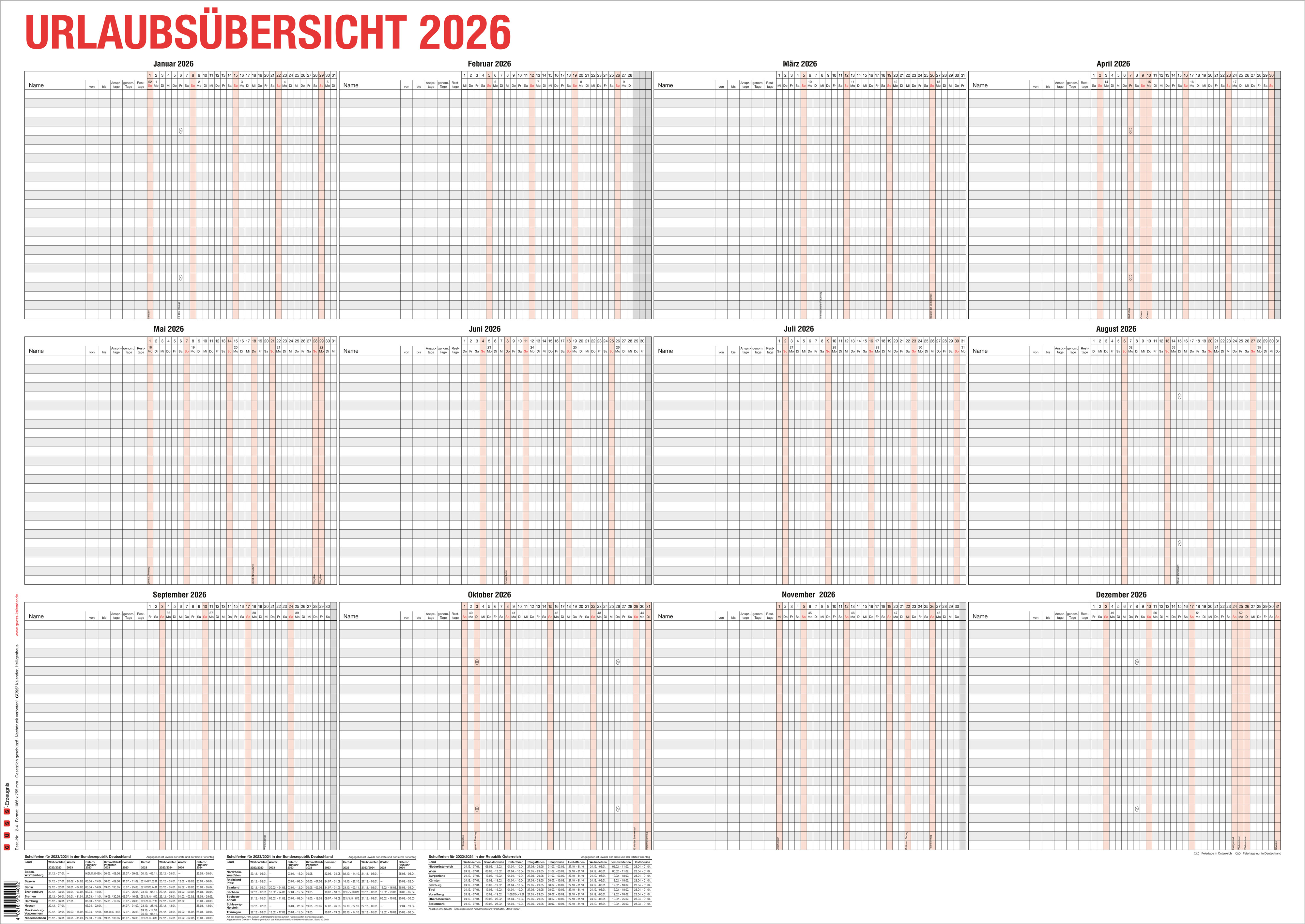 GÜSS Urlaubsübersicht für bis zu 250 Mitarbeiter- Großformat 107cm x 76cm
