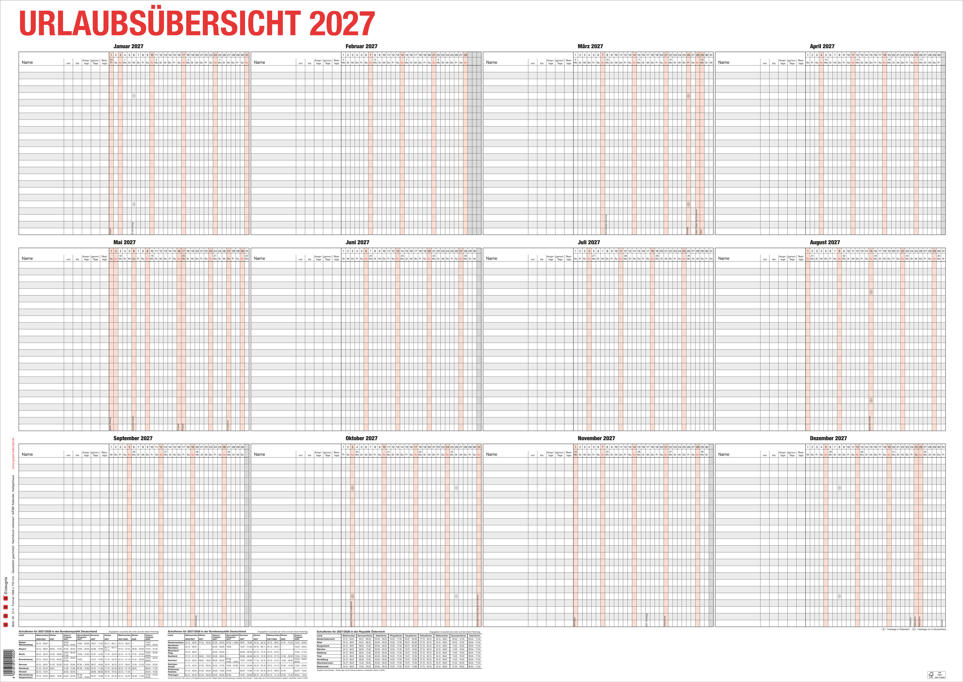 GÜSS Urlaubsübersicht für bis zu 250 Mitarbeiter- Großformat 107cm x 76cm