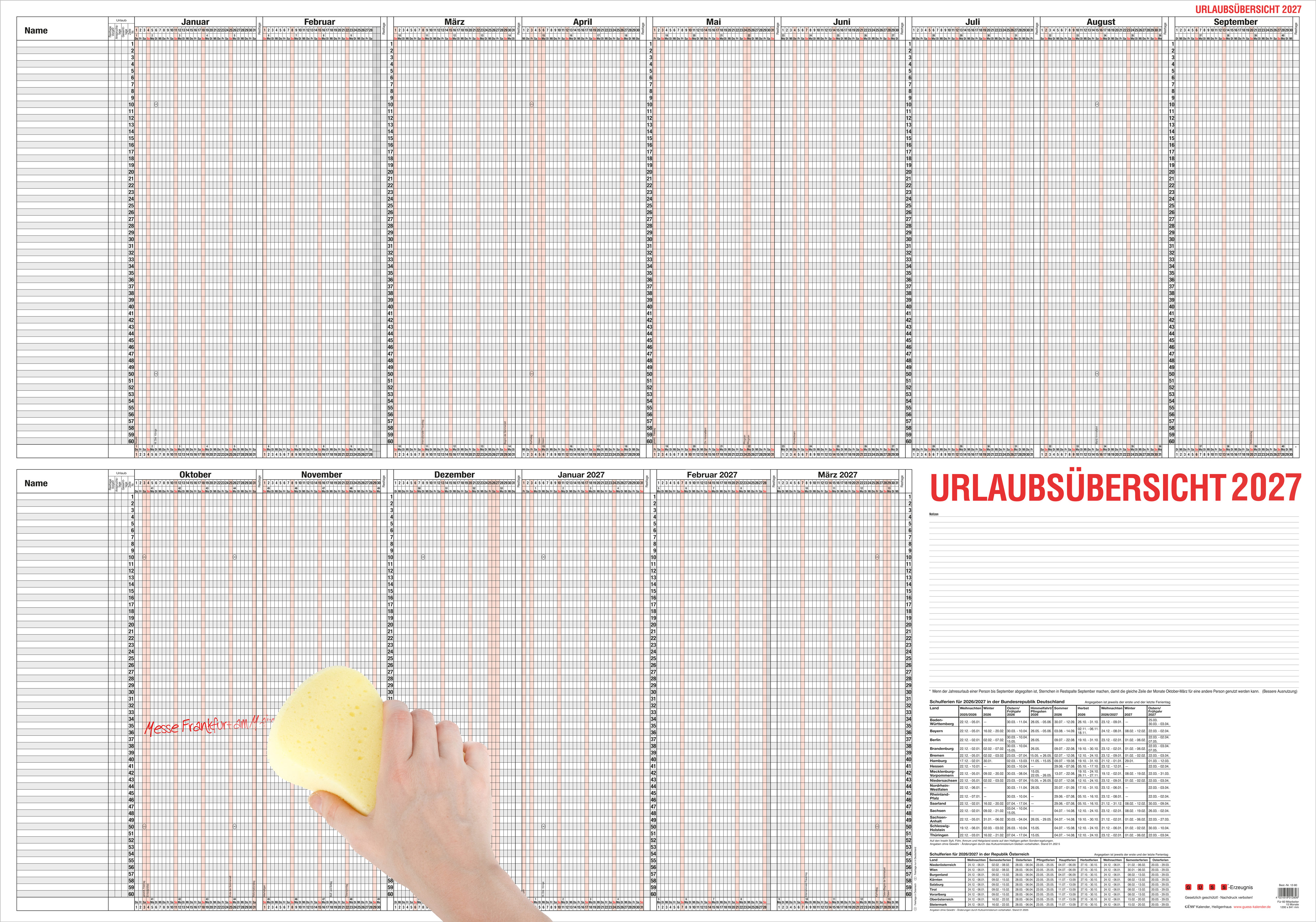 GÜSS Urlaubsübersicht für 60 Mitarbeiter mit Beschichtung - 120cm x 84cm