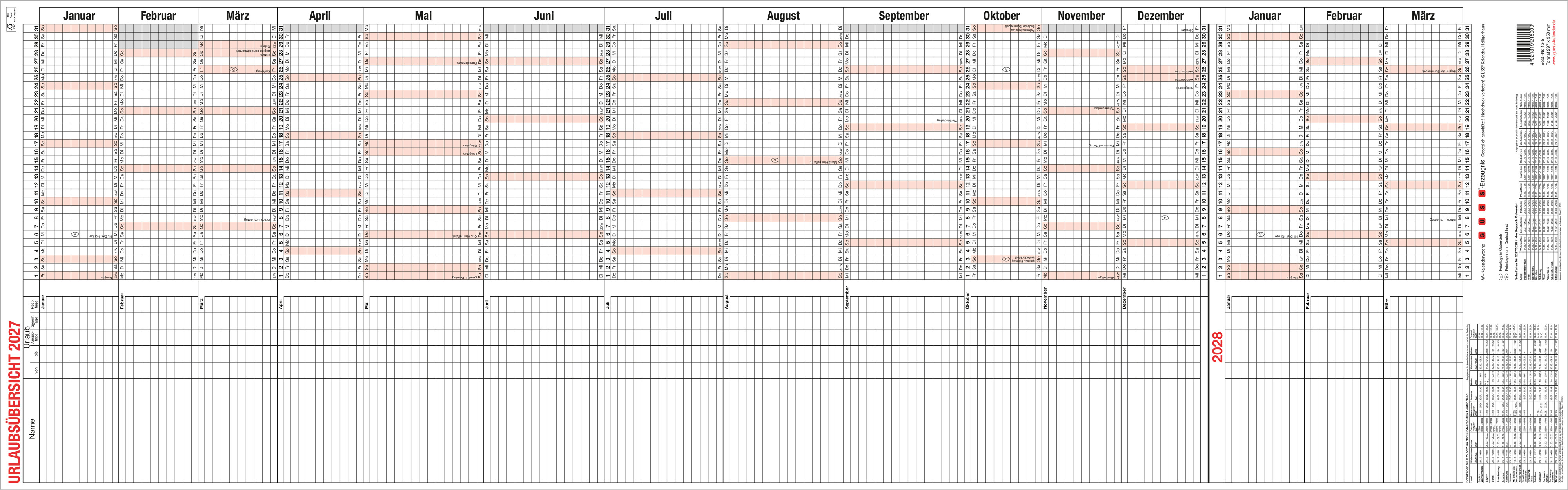 GÜSS Urlaubsübersicht Hochformat für bis zu 90 Mitarbeiter - 29,7 cm x 95cm