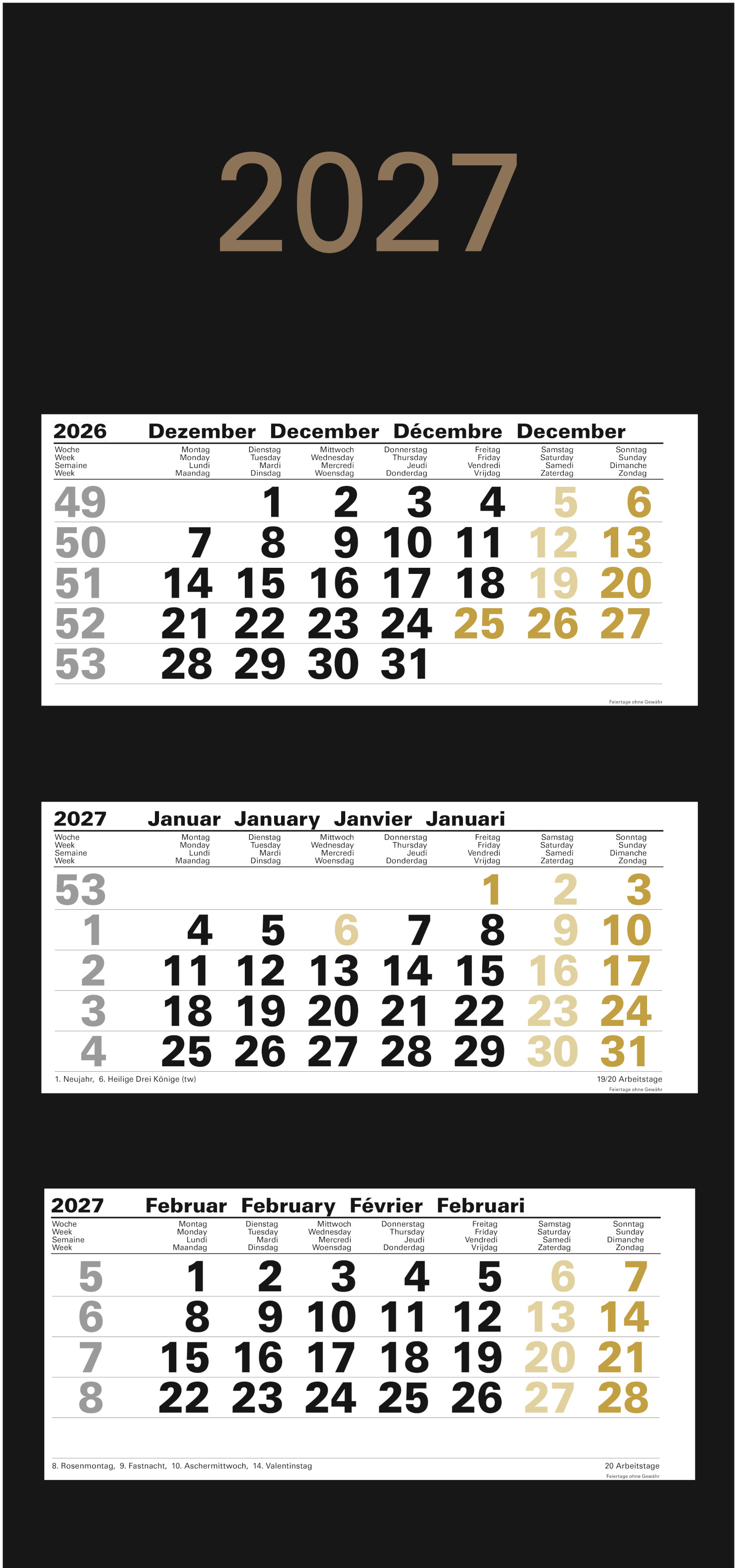 GÜSS Black Edition 3-Monatsblockkalender - schwarz/bronze
