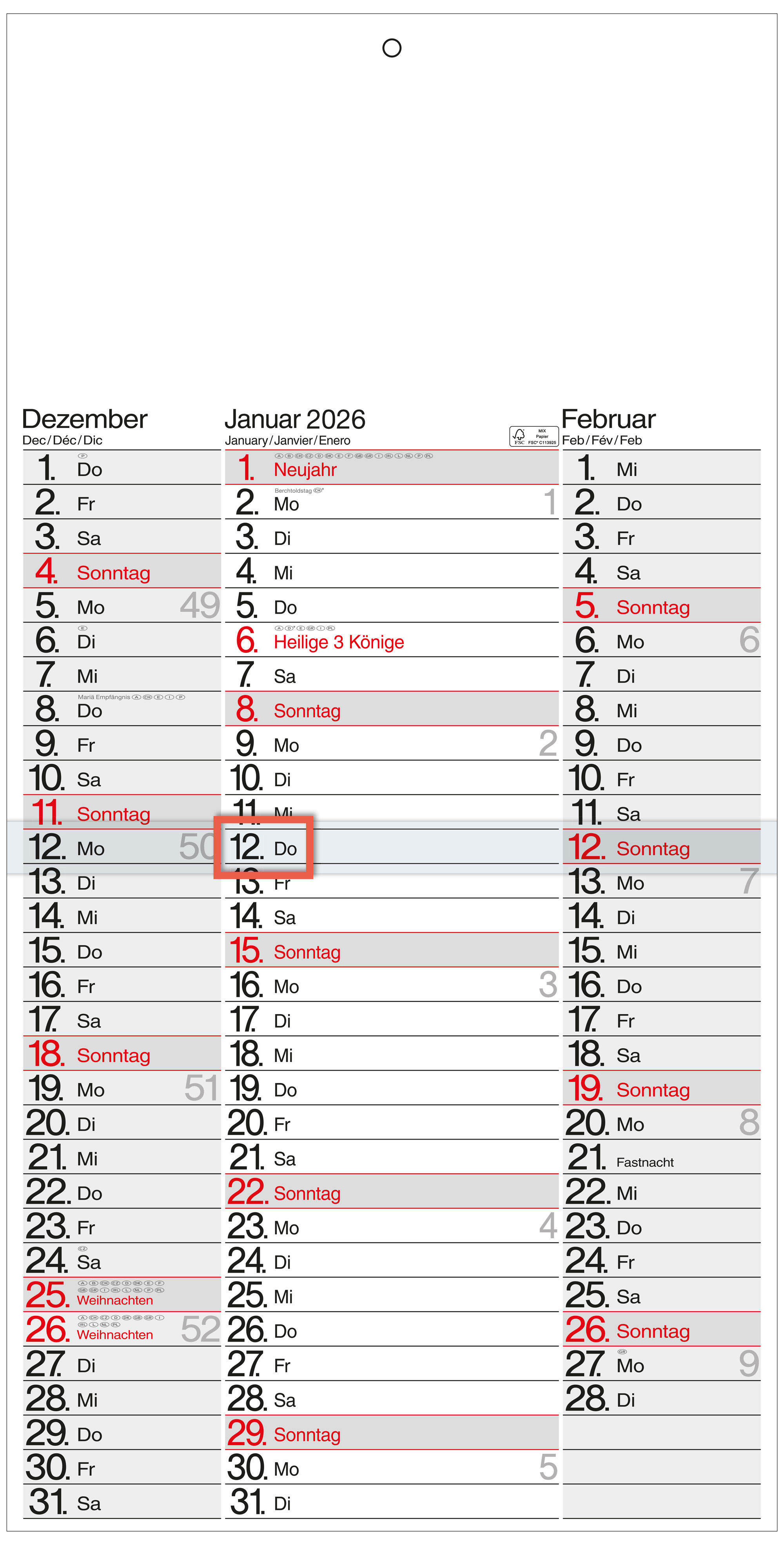 GÜSS 3-Monatswandkalender mit Notizzeilen - 30cm x 64cm