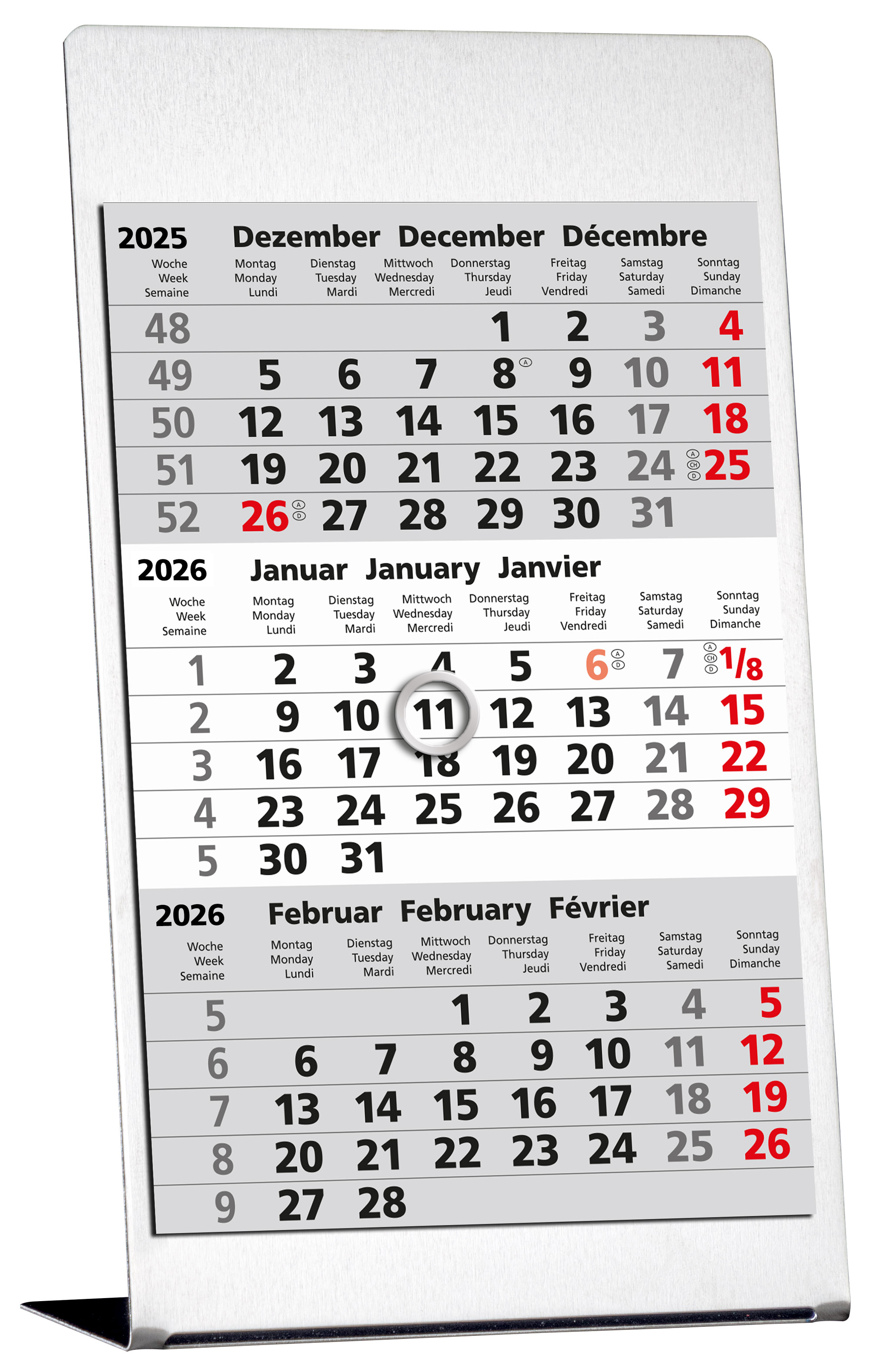 GÜSS 3-Monatstischkalender Edelstahl - 10,5cm x 18,5 cm