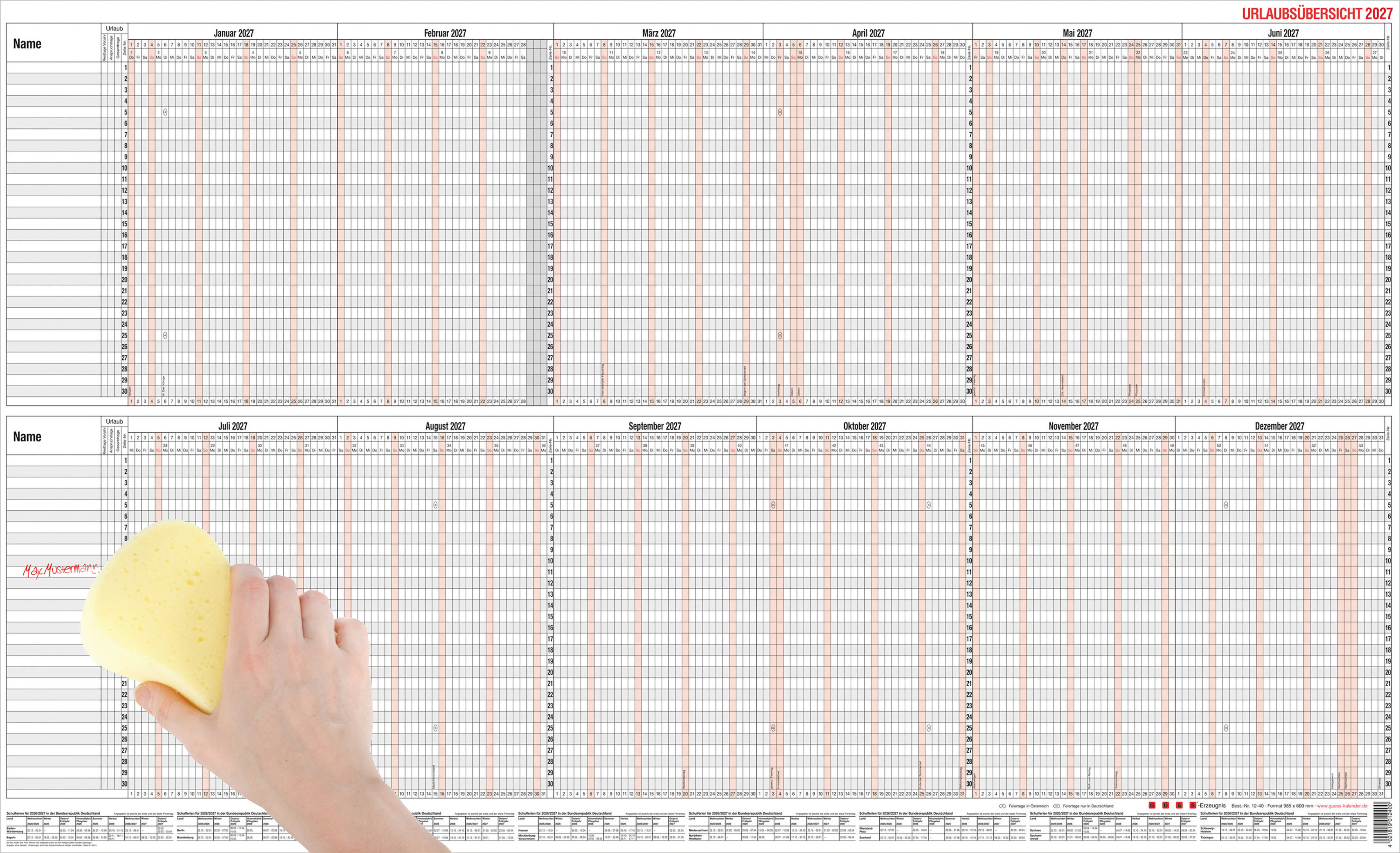GÜSS Urlaubsübersicht für 30 Mitarbeiter mit Beschichtung - 98,5cm x 60cm