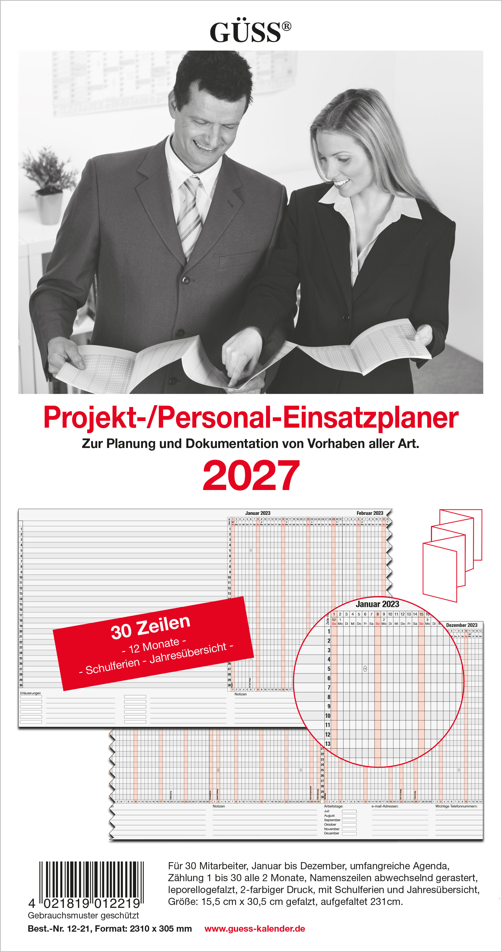 GÜSS Projekt- und Einsatzplaner für 30 Vorgänge/MA - gefalzt auf 16cm x 30cm