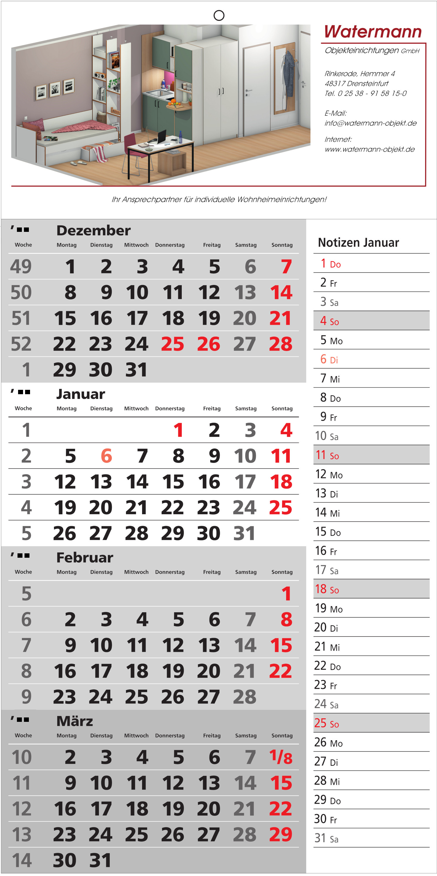 4 Monatswandkalender mit Notizspalte